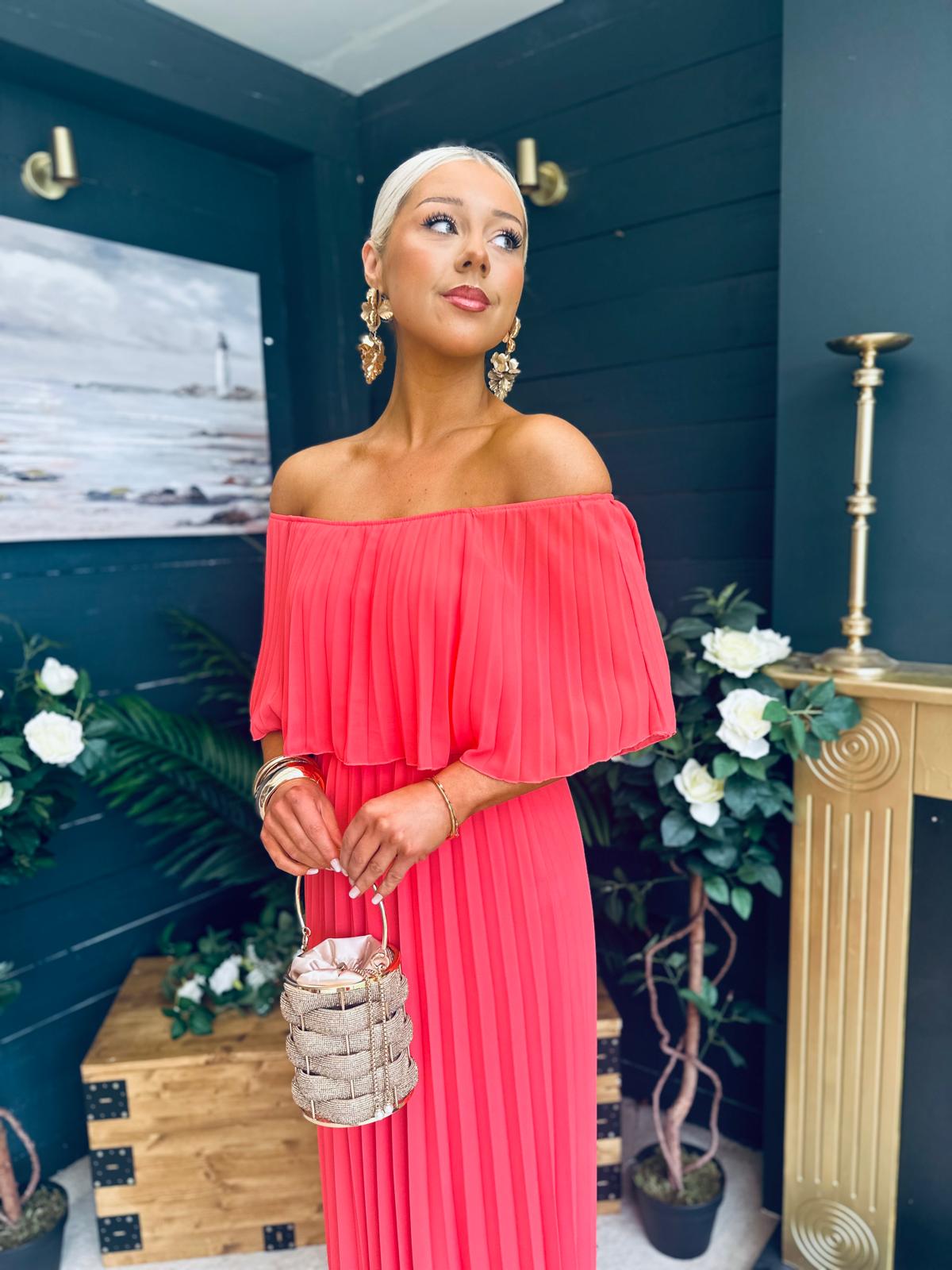 Fiadh Bardot Detail Occasion Dress Coral