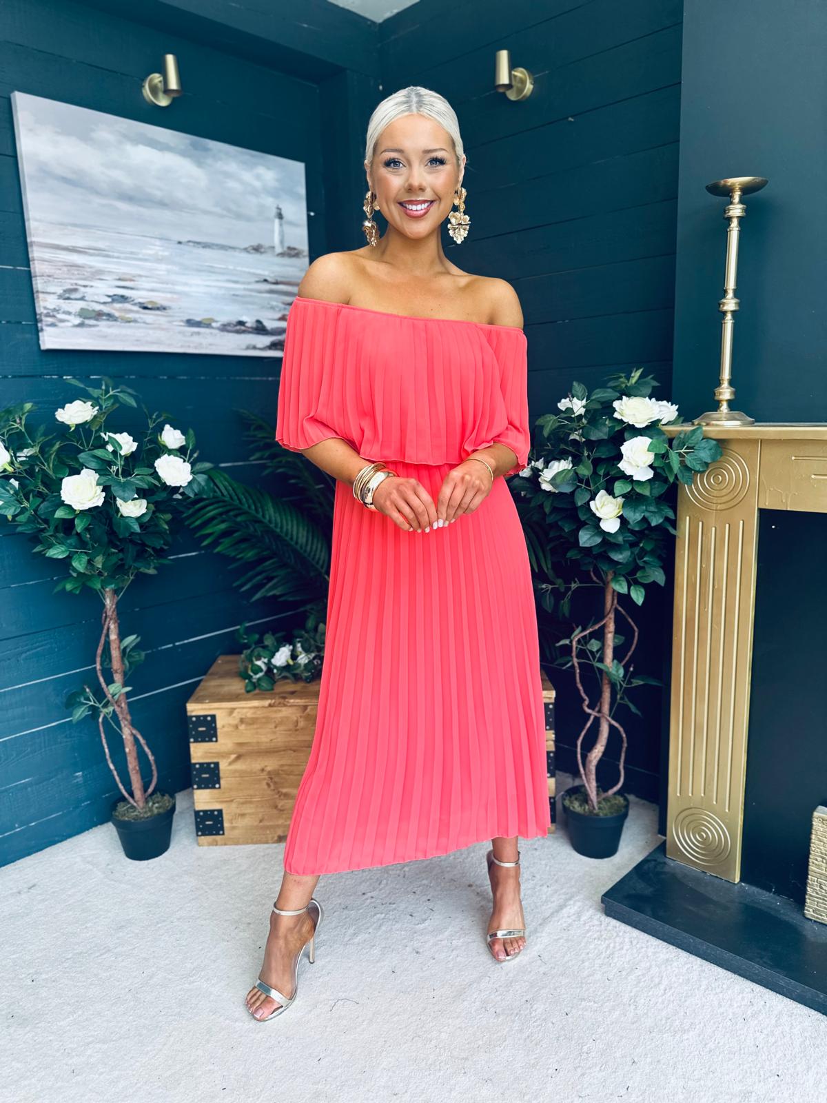 Fiadh Bardot Detail Occasion Dress Coral