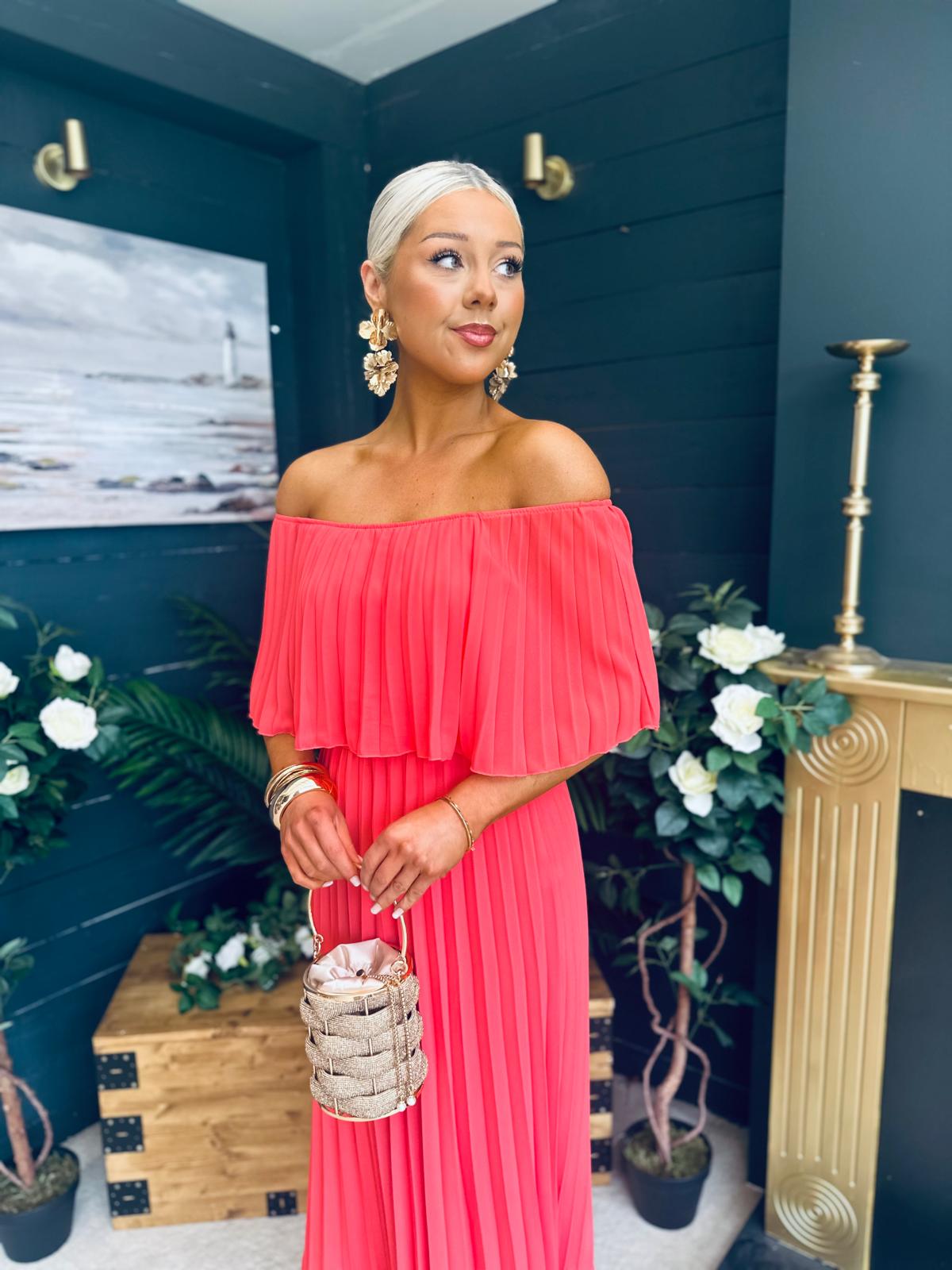 Fiadh Bardot Detail Occasion Dress Coral