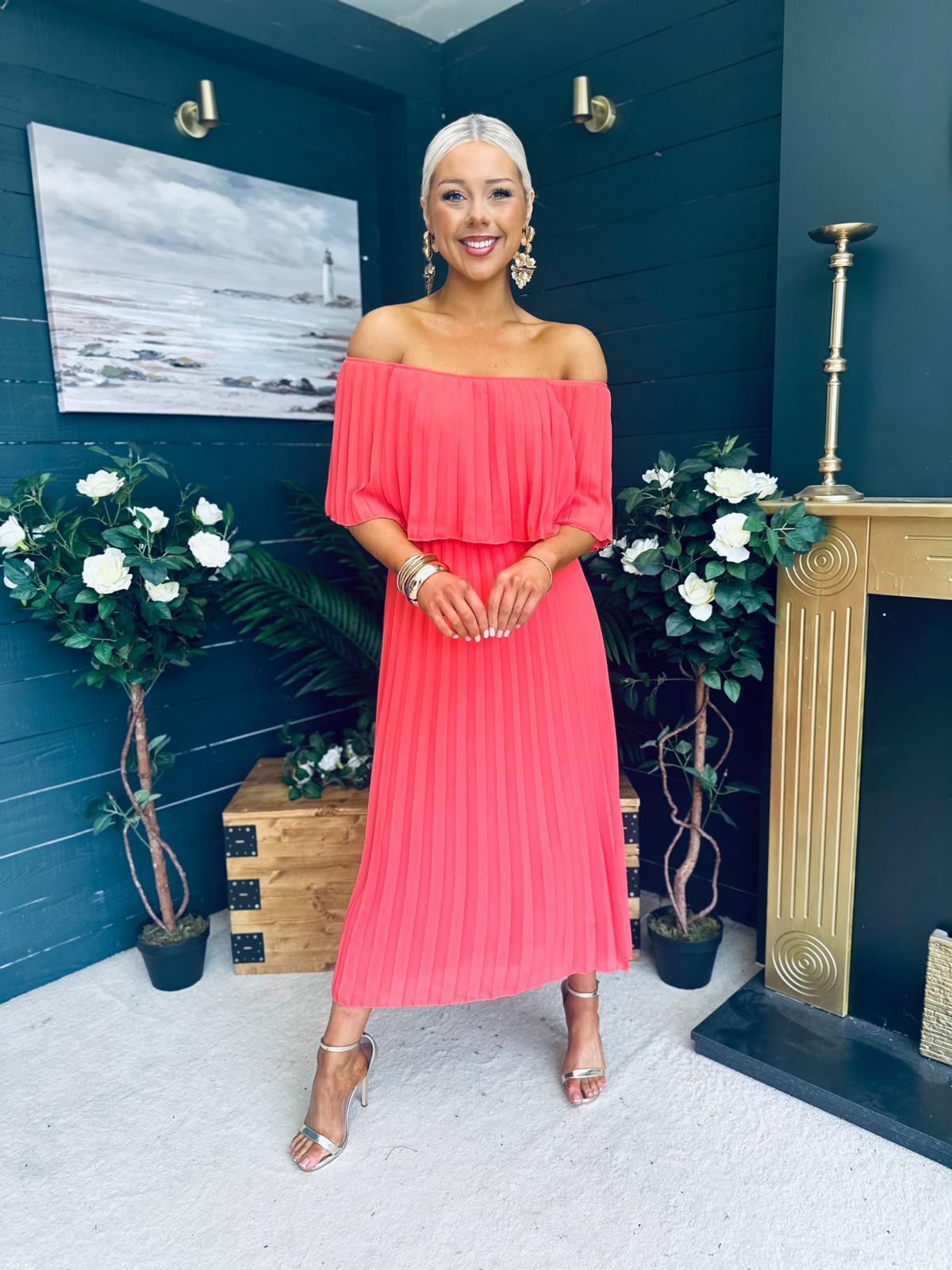Fiadh Bardot Detail Occasion Dress Coral