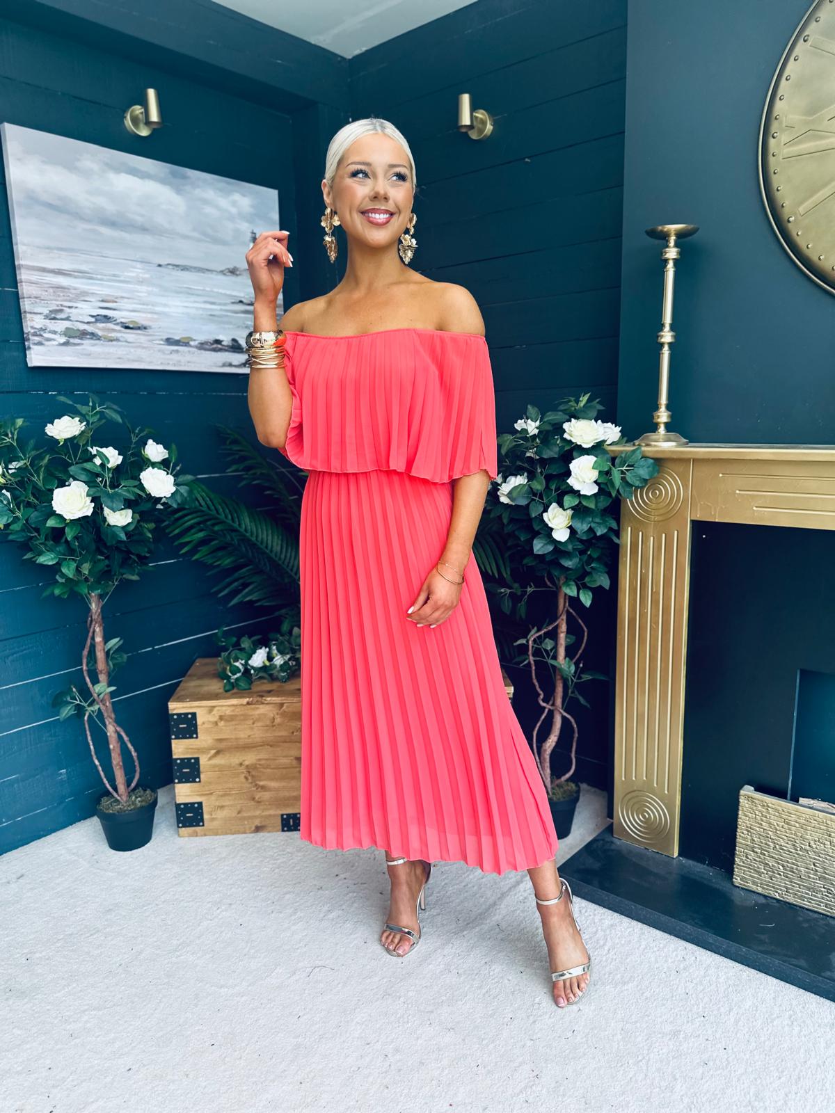 Fiadh Bardot Detail Occasion Dress Coral