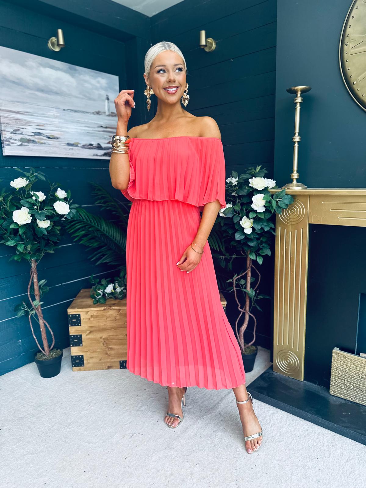 Fiadh Bardot Detail Occasion Dress Coral