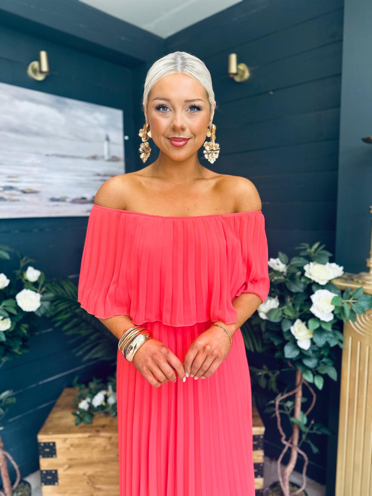 Fiadh Bardot Detail Occasion Dress Coral