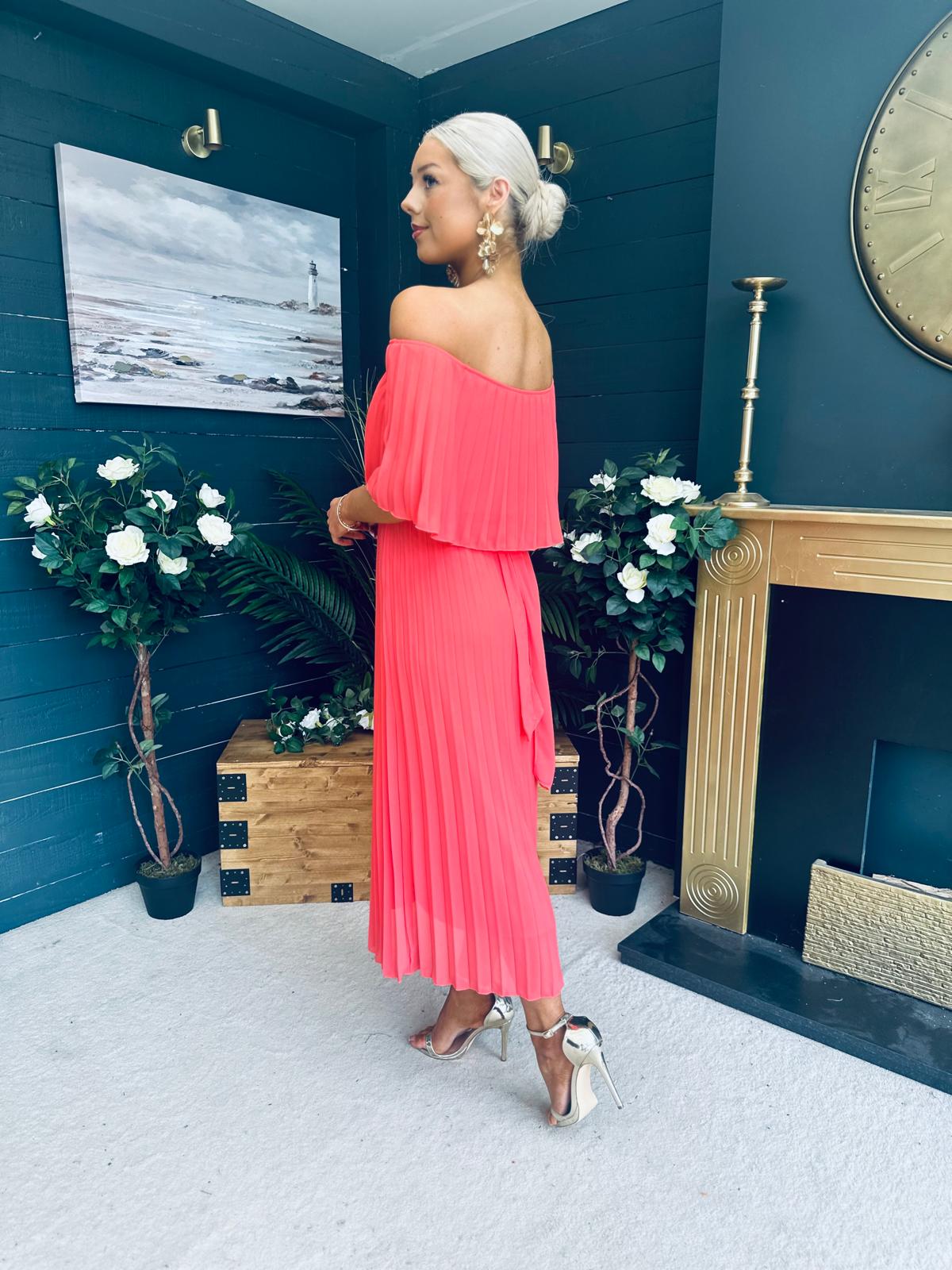 Fiadh Bardot Detail Occasion Dress Coral
