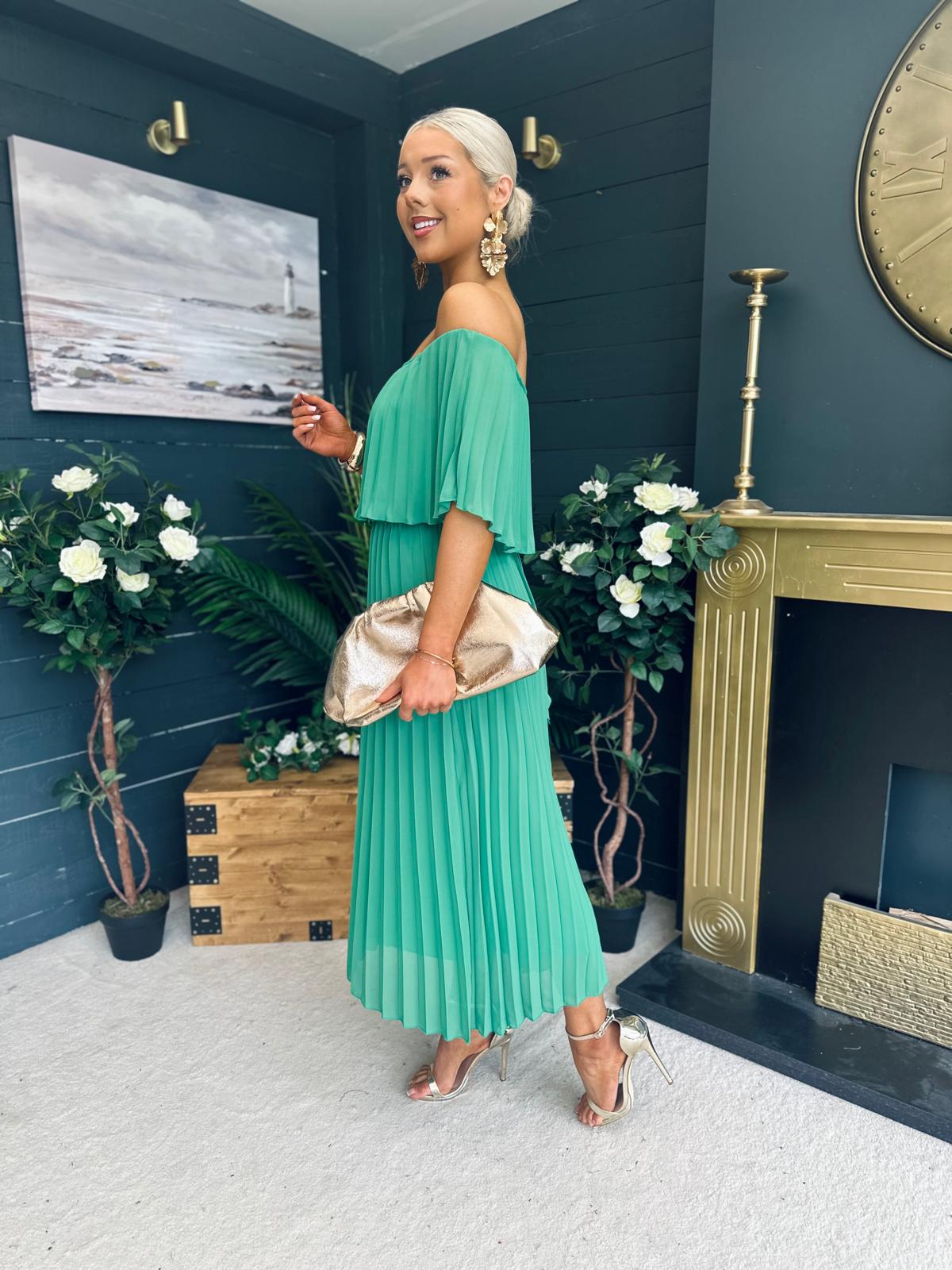 Fiadh Bardot Detail Occasion Dress Green