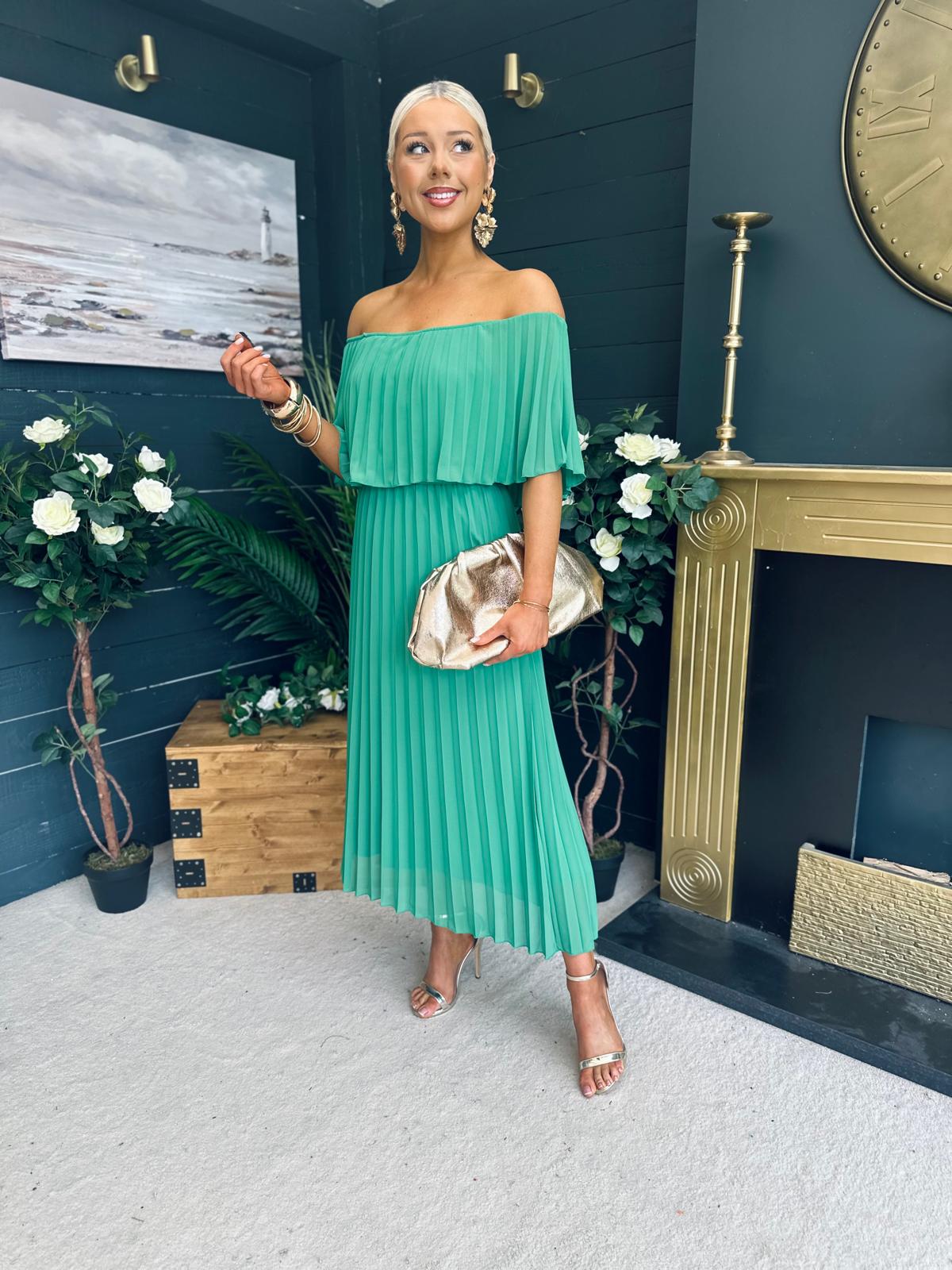 Fiadh Bardot Detail Occasion Dress Green