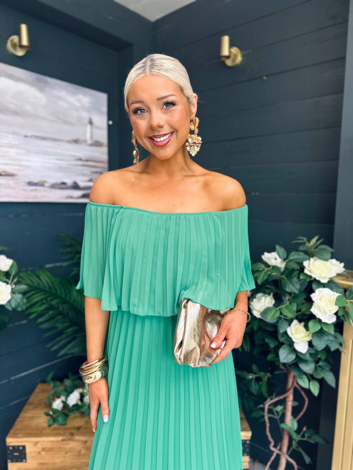Fiadh Bardot Detail Occasion Dress Green