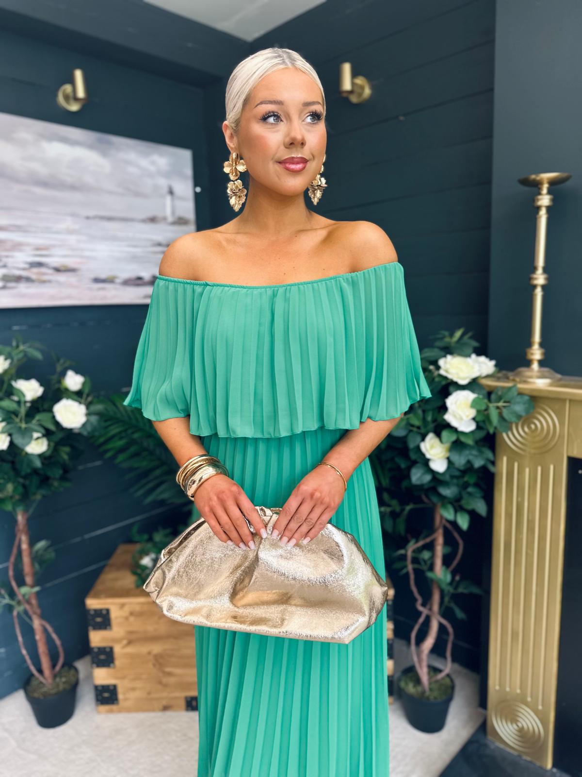 Fiadh Bardot Detail Occasion Dress Green