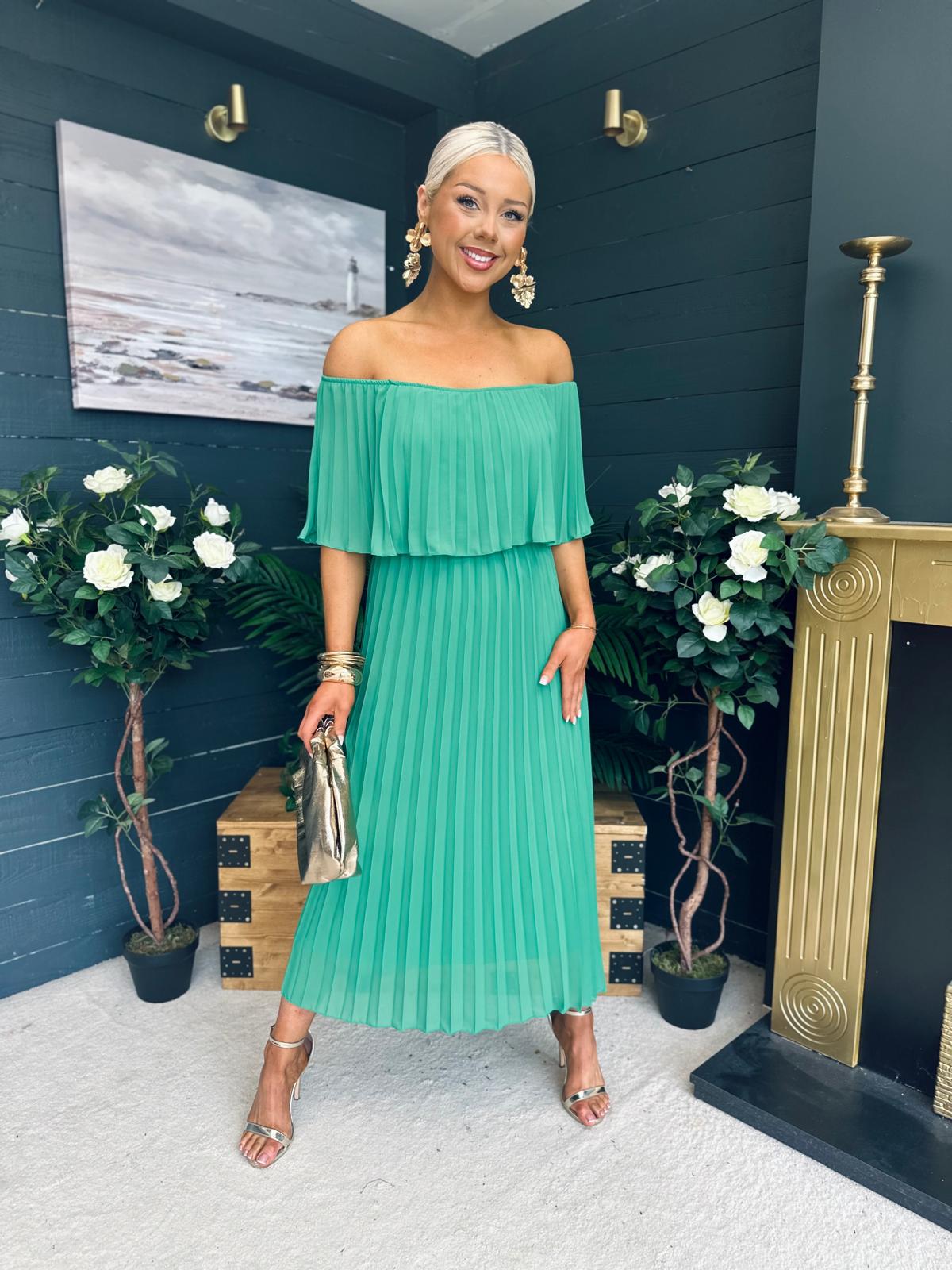 Fiadh Bardot Detail Occasion Dress Green