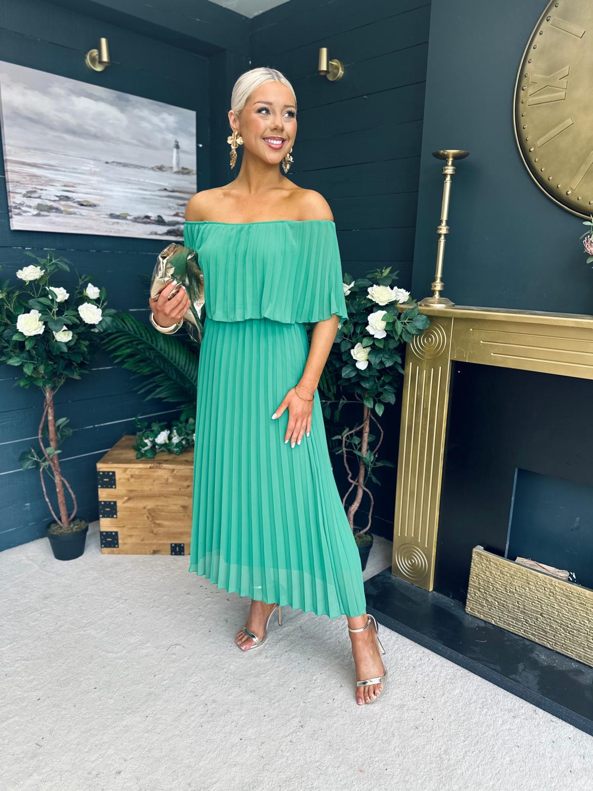 Fiadh Bardot Detail Occasion Dress Green