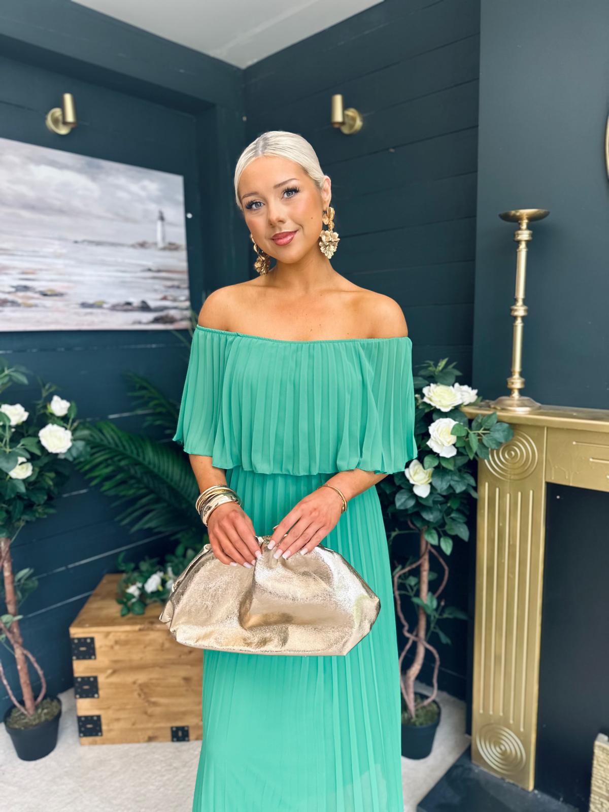 Fiadh Bardot Detail Occasion Dress Green