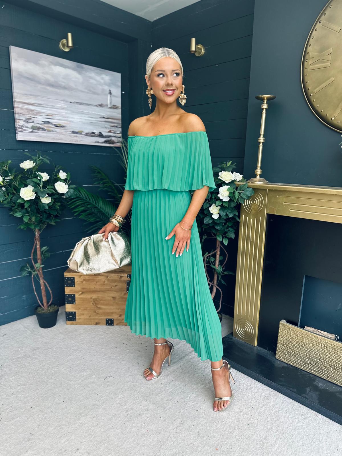 Fiadh Bardot Detail Occasion Dress Green