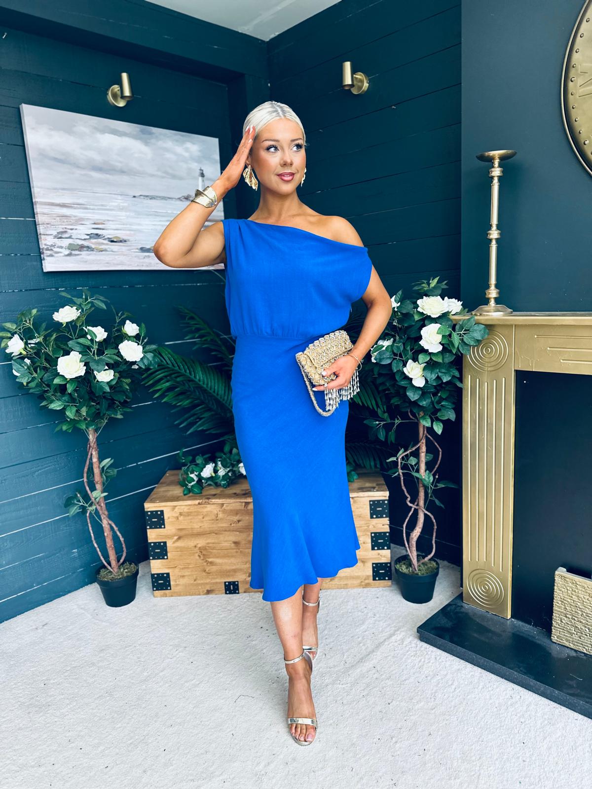 Ella One Shoulder Midi Dress Cobalt