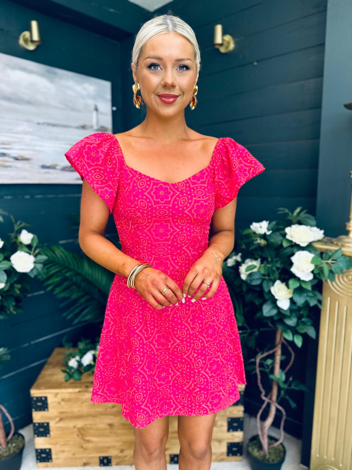 Alex Two Tone Broidery Mini Dress Pink
