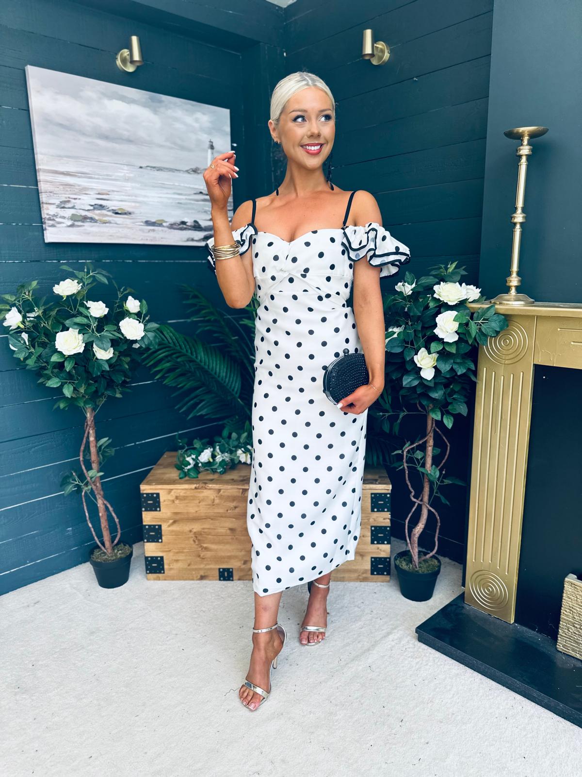 Janis Sweetheart Midi Dress Polka White