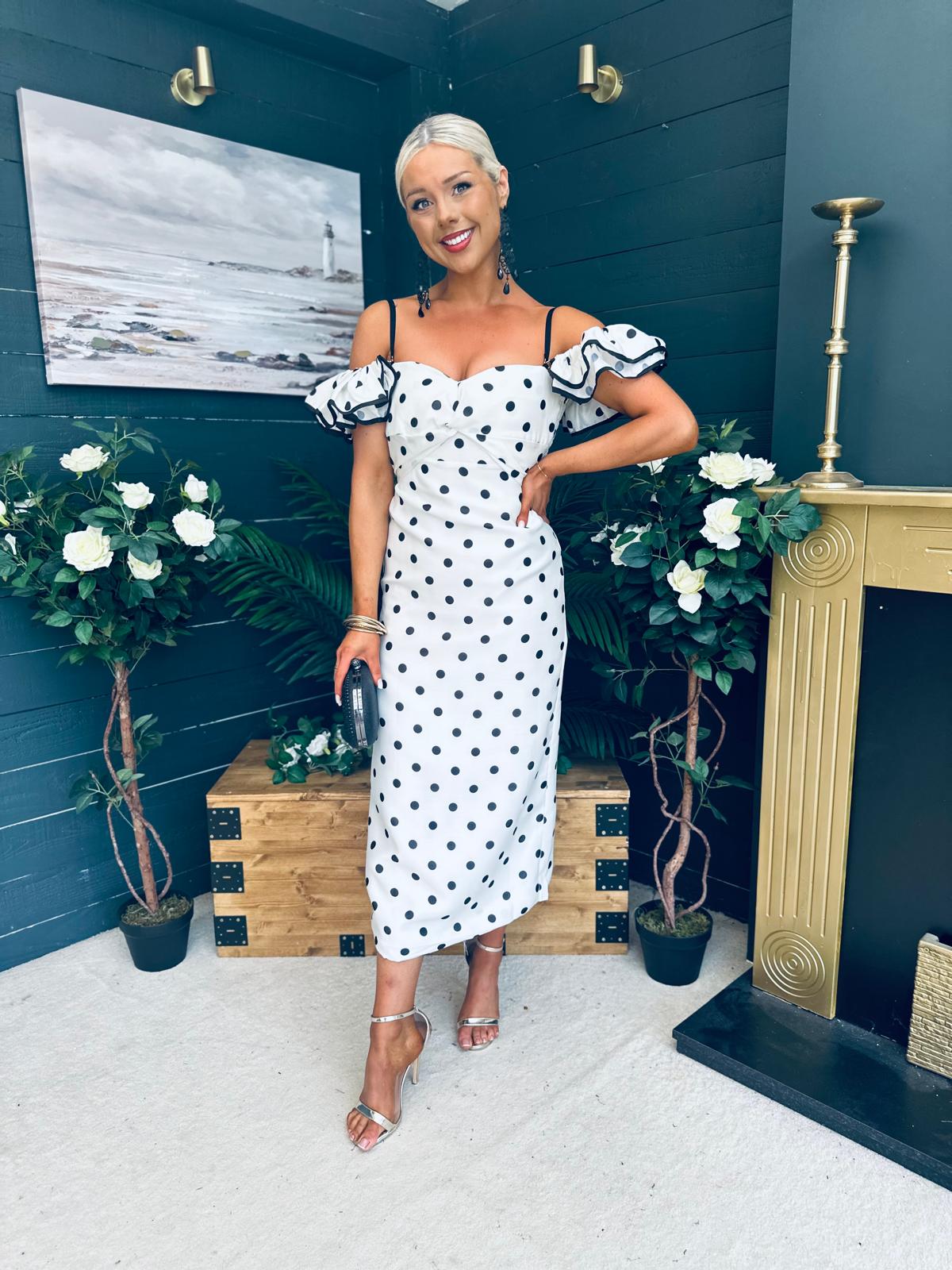 Janis Sweetheart Midi Dress Polka White