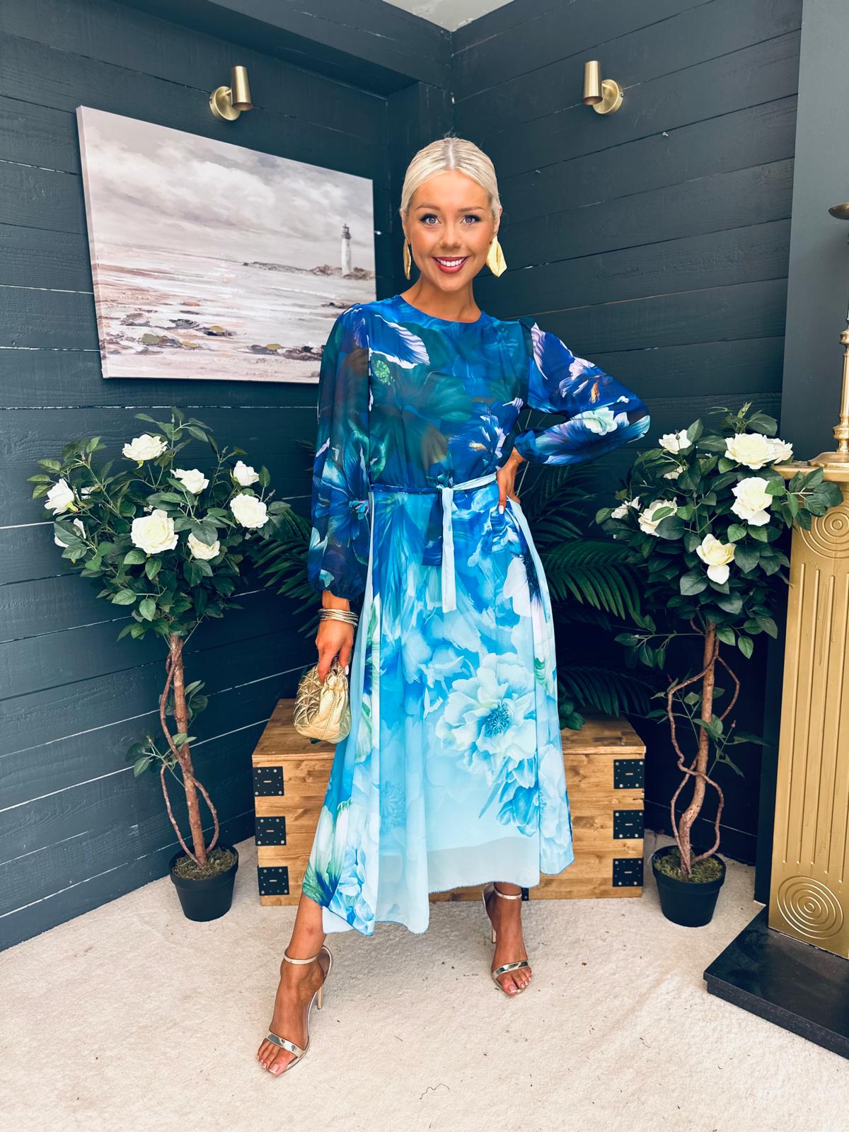Teagan Round Neck Midi Dress Blue Floral