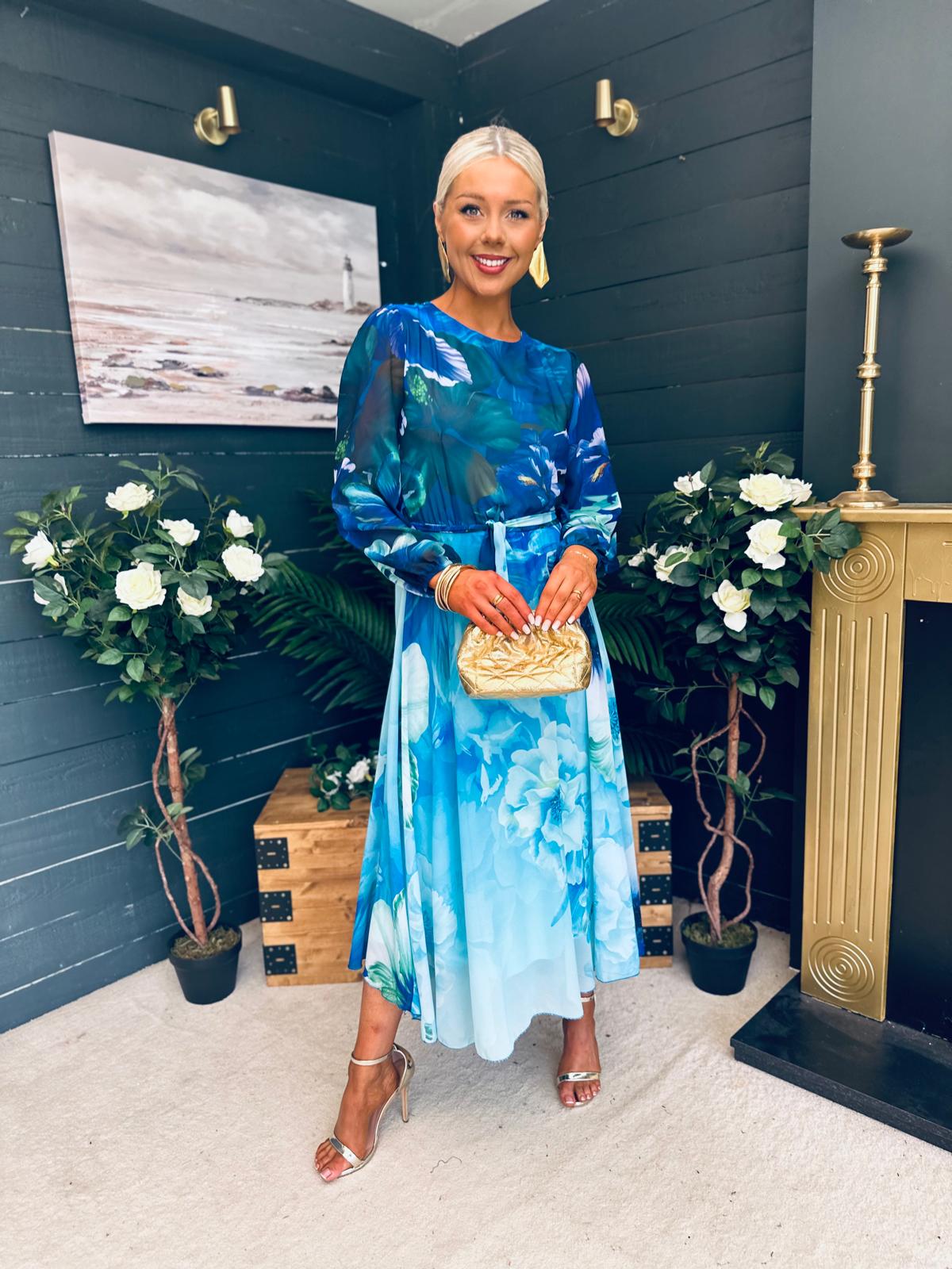Teagan Round Neck Midi Dress Blue Floral