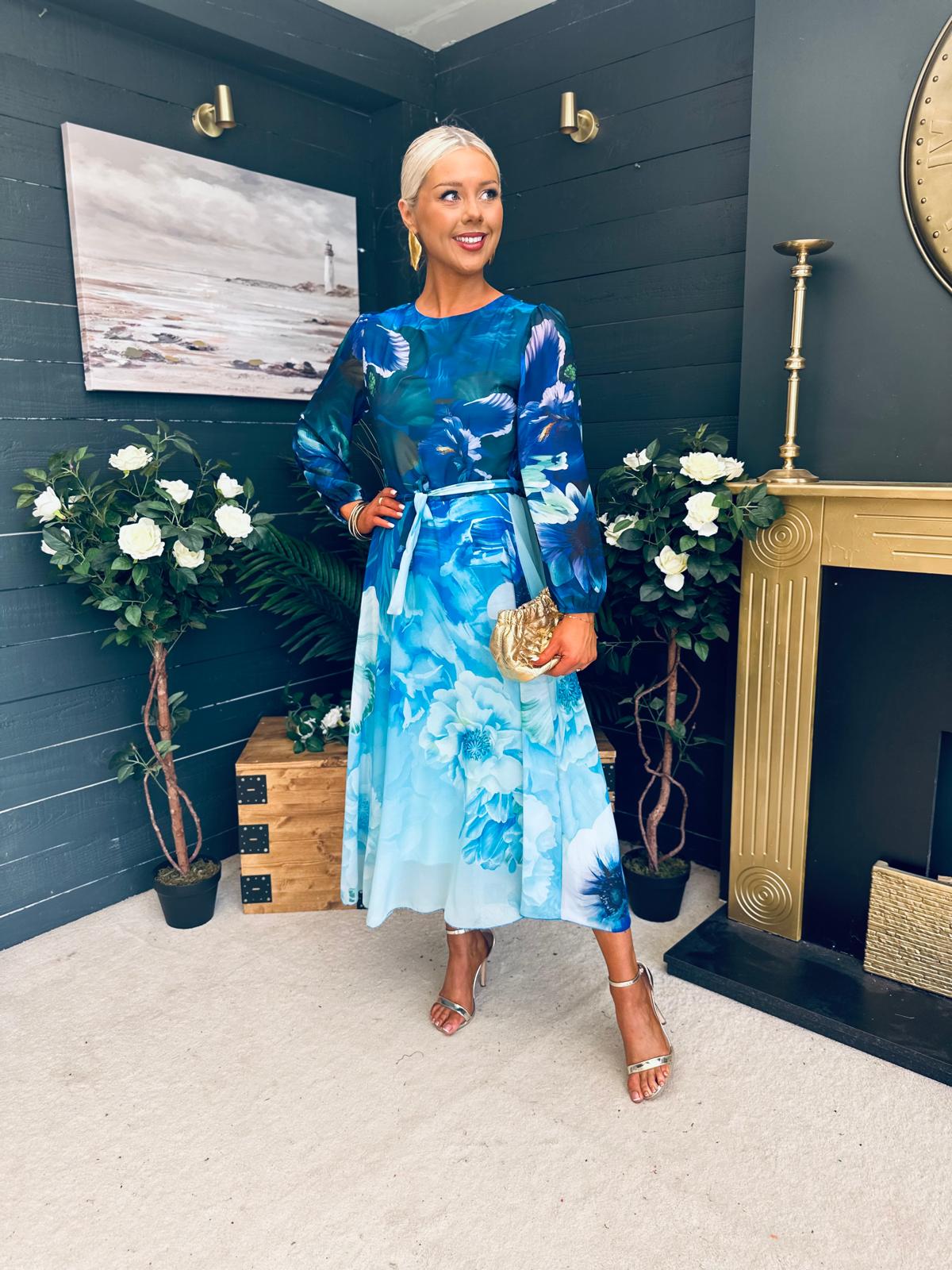 Teagan Round Neck Midi Dress Blue Floral