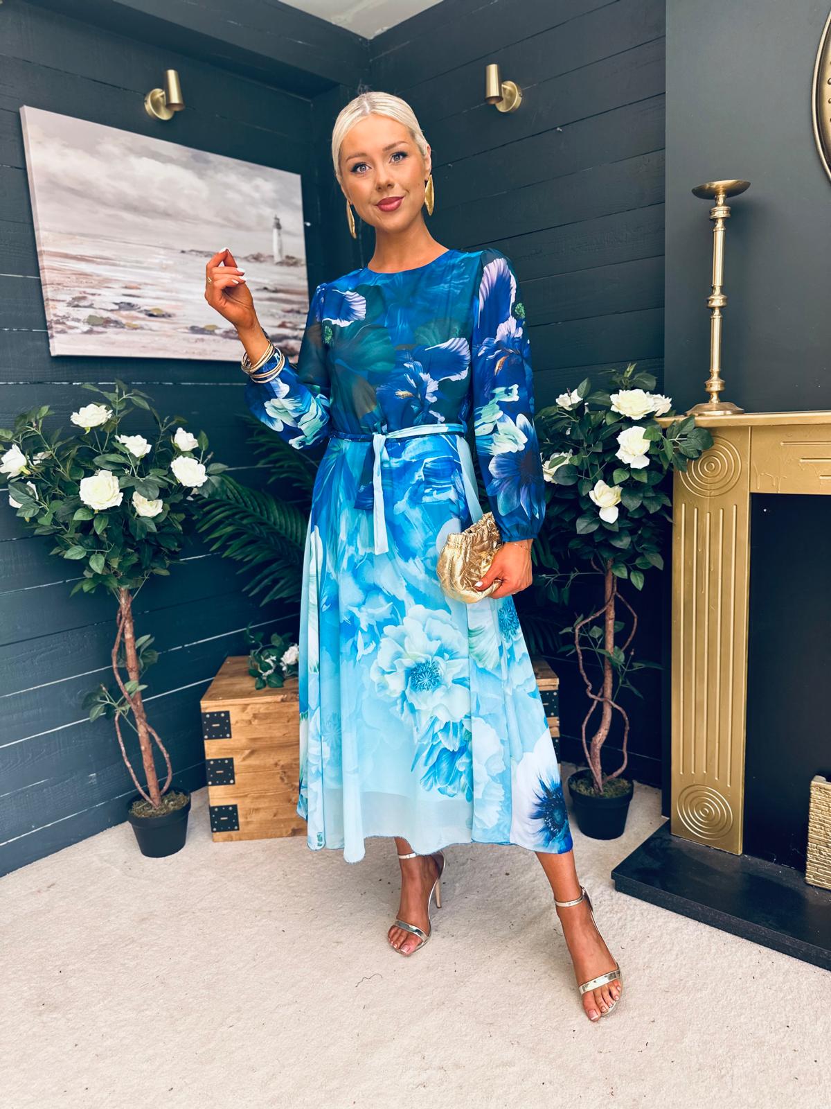 Teagan Round Neck Midi Dress Blue Floral
