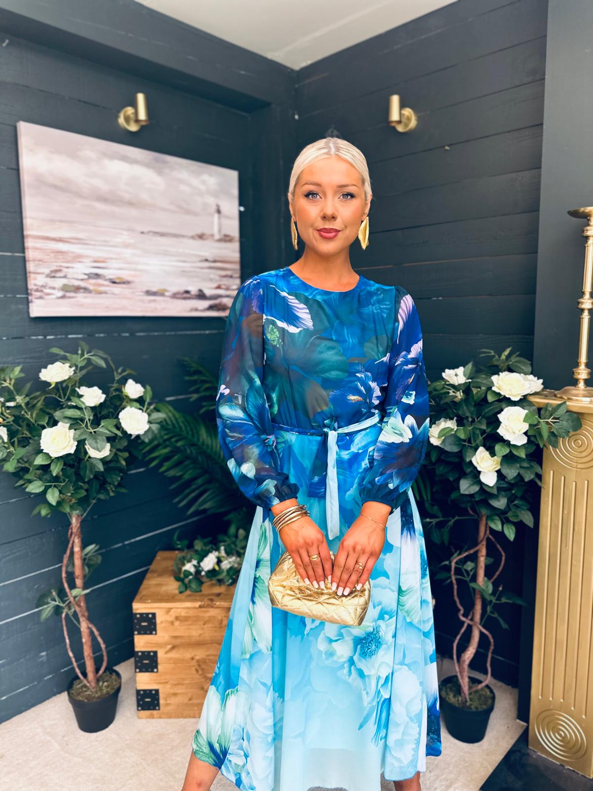 Teagan Round Neck Midi Dress Blue Floral