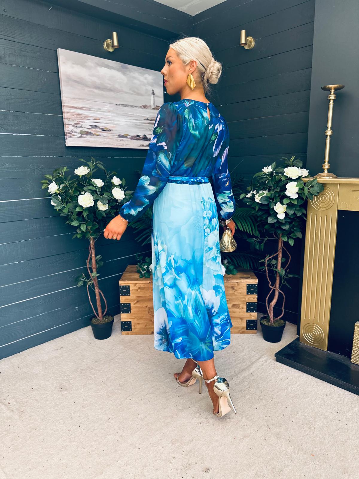 Teagan Round Neck Midi Dress Blue Floral