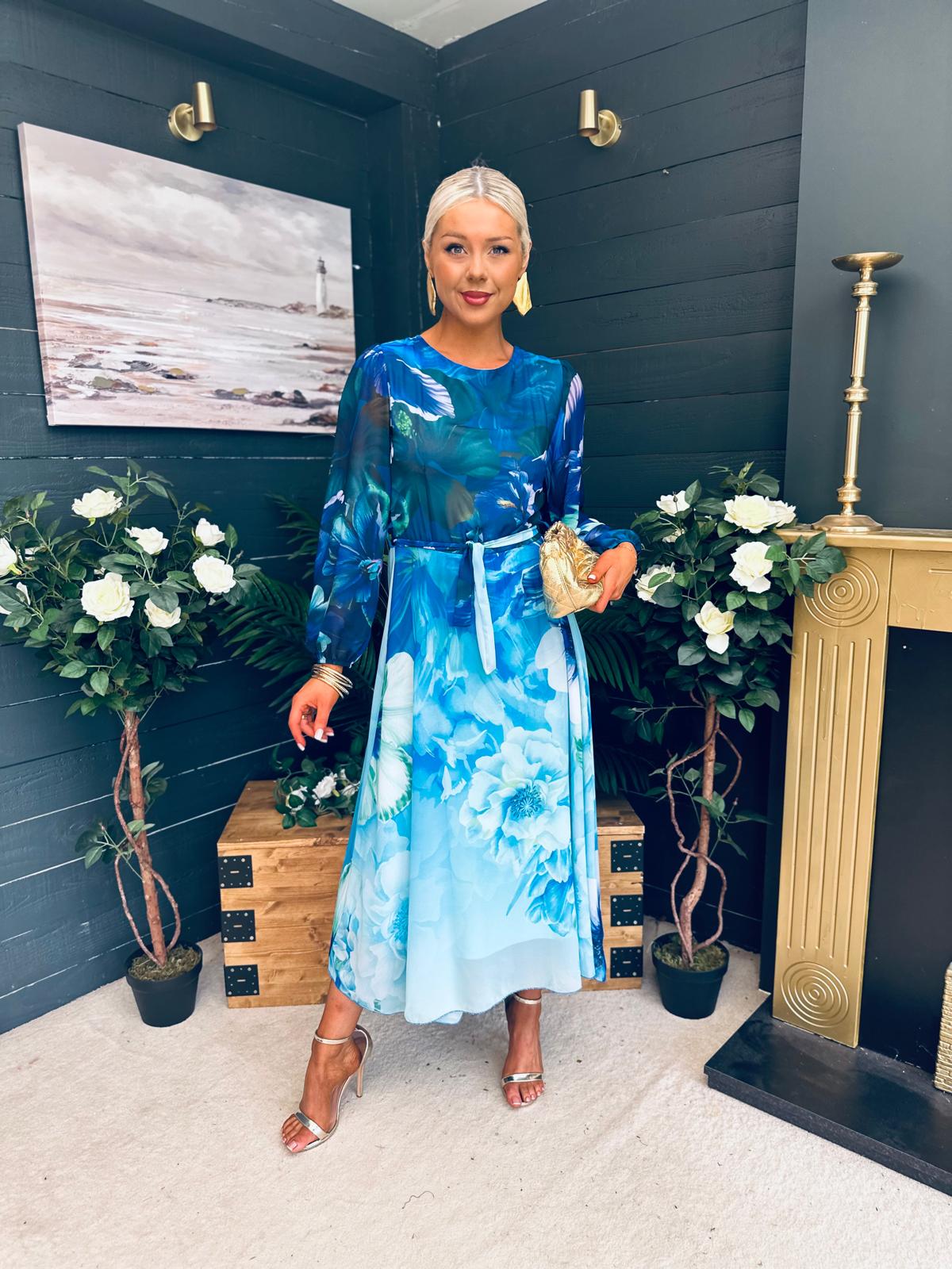 Teagan Round Neck Midi Dress Blue Floral