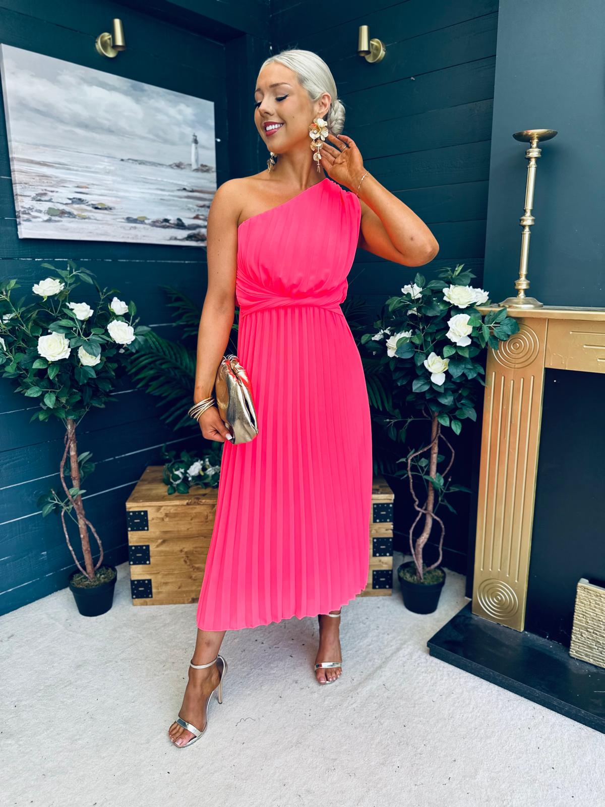 Robyn One Shoulder Midi Dress Neon Pink