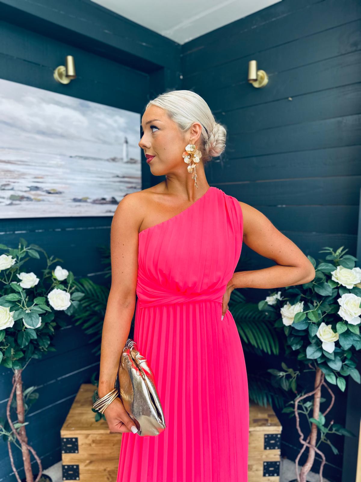 Robyn One Shoulder Midi Dress Neon Pink