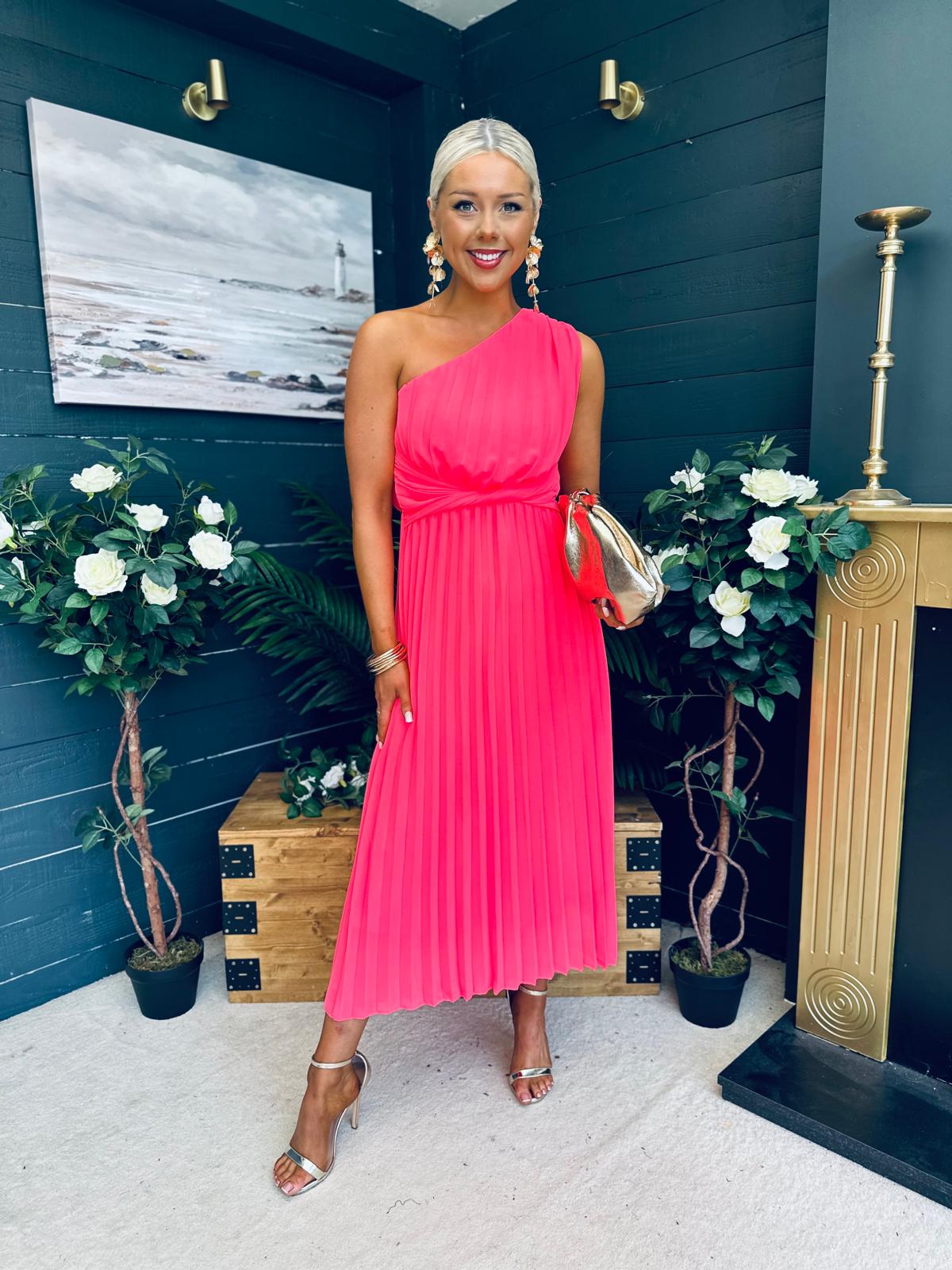 Robyn One Shoulder Midi Dress Neon Pink