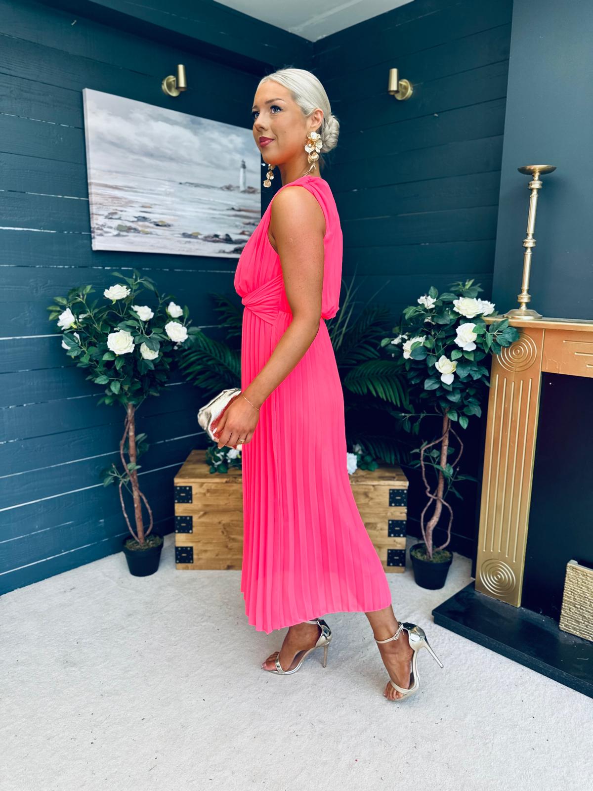 Robyn One Shoulder Midi Dress Neon Pink