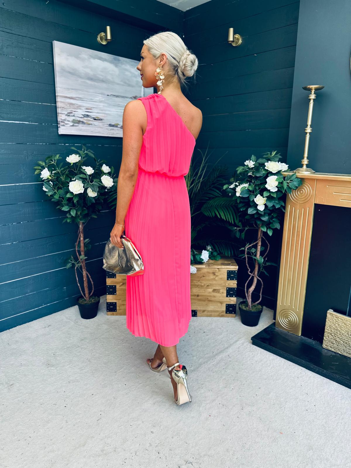 Robyn One Shoulder Midi Dress Neon Pink