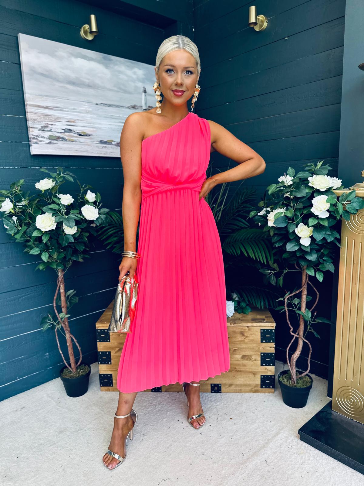 Robyn One Shoulder Midi Dress Neon Pink