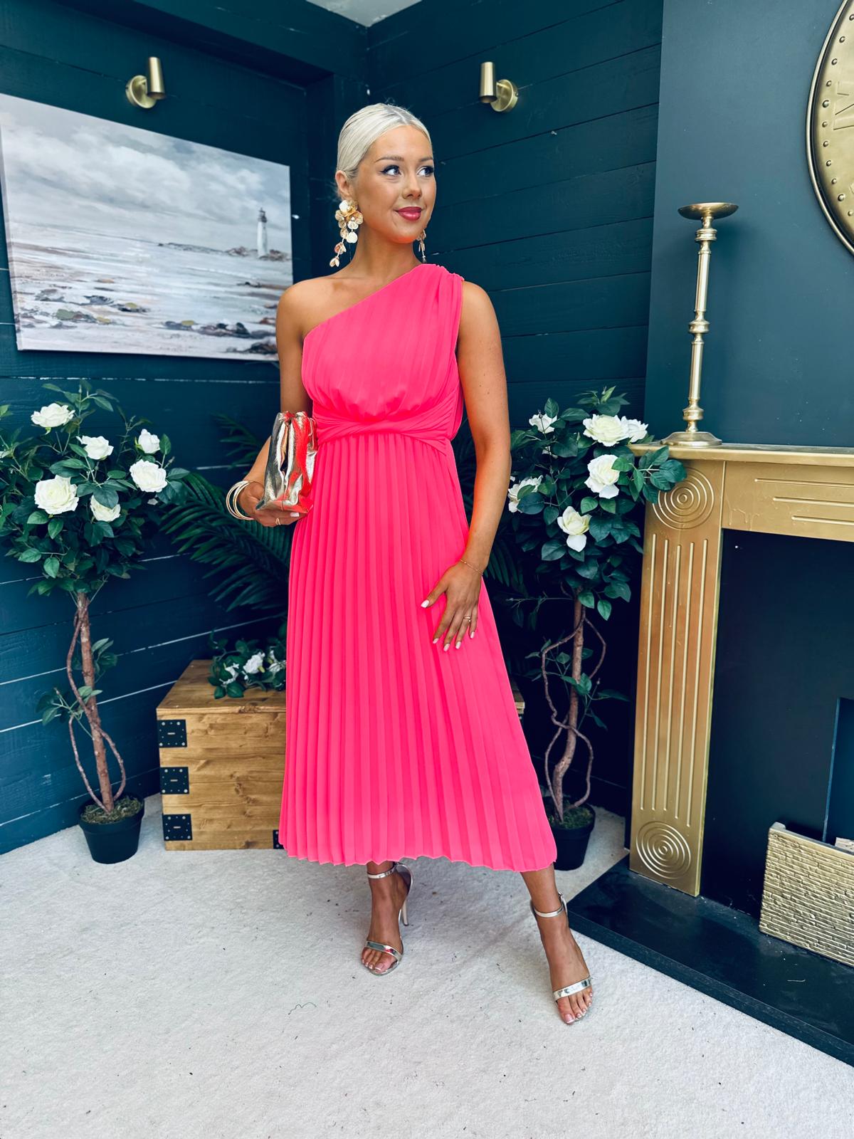 Robyn One Shoulder Midi Dress Neon Pink