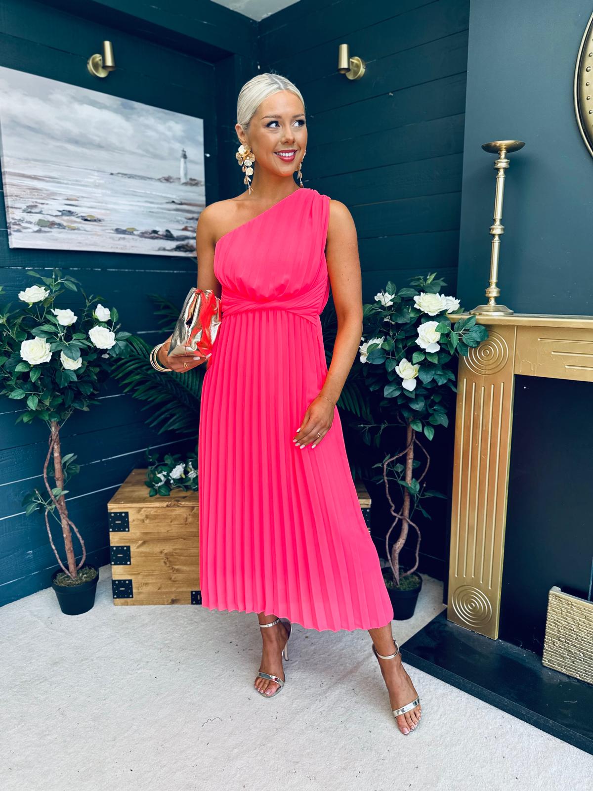 Robyn One Shoulder Midi Dress Neon Pink
