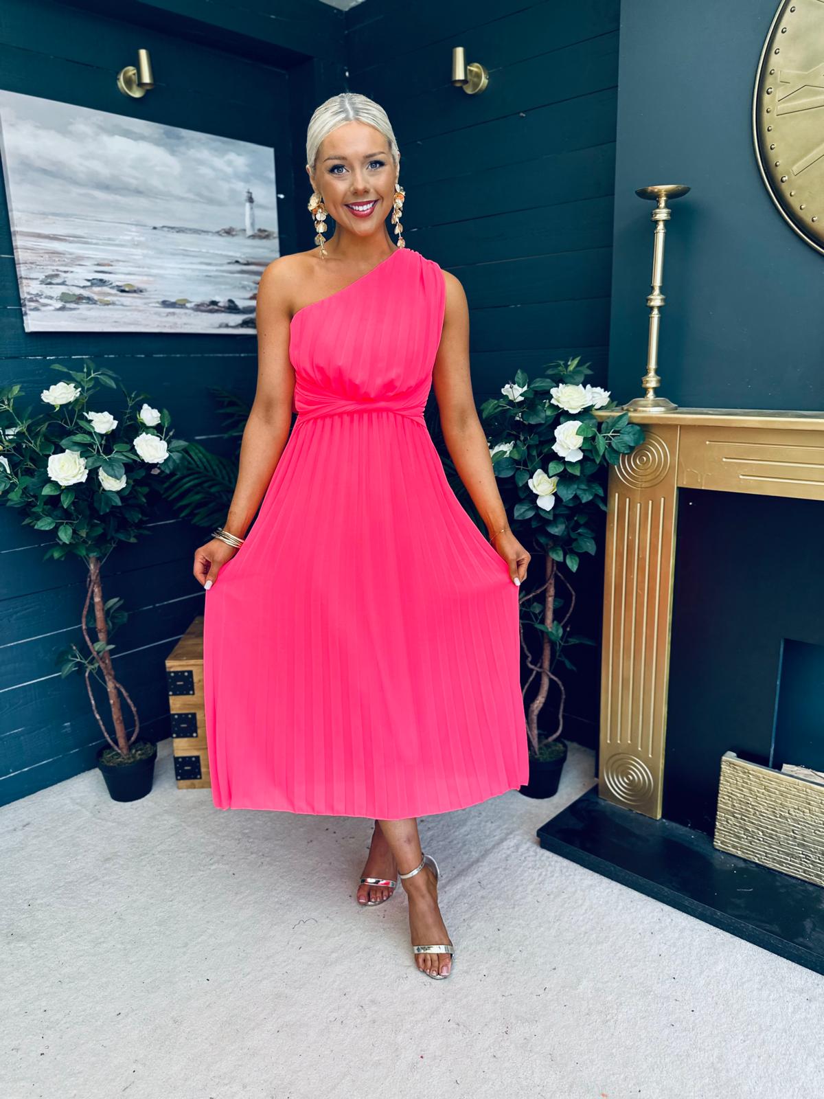 Robyn One Shoulder Midi Dress Neon Pink