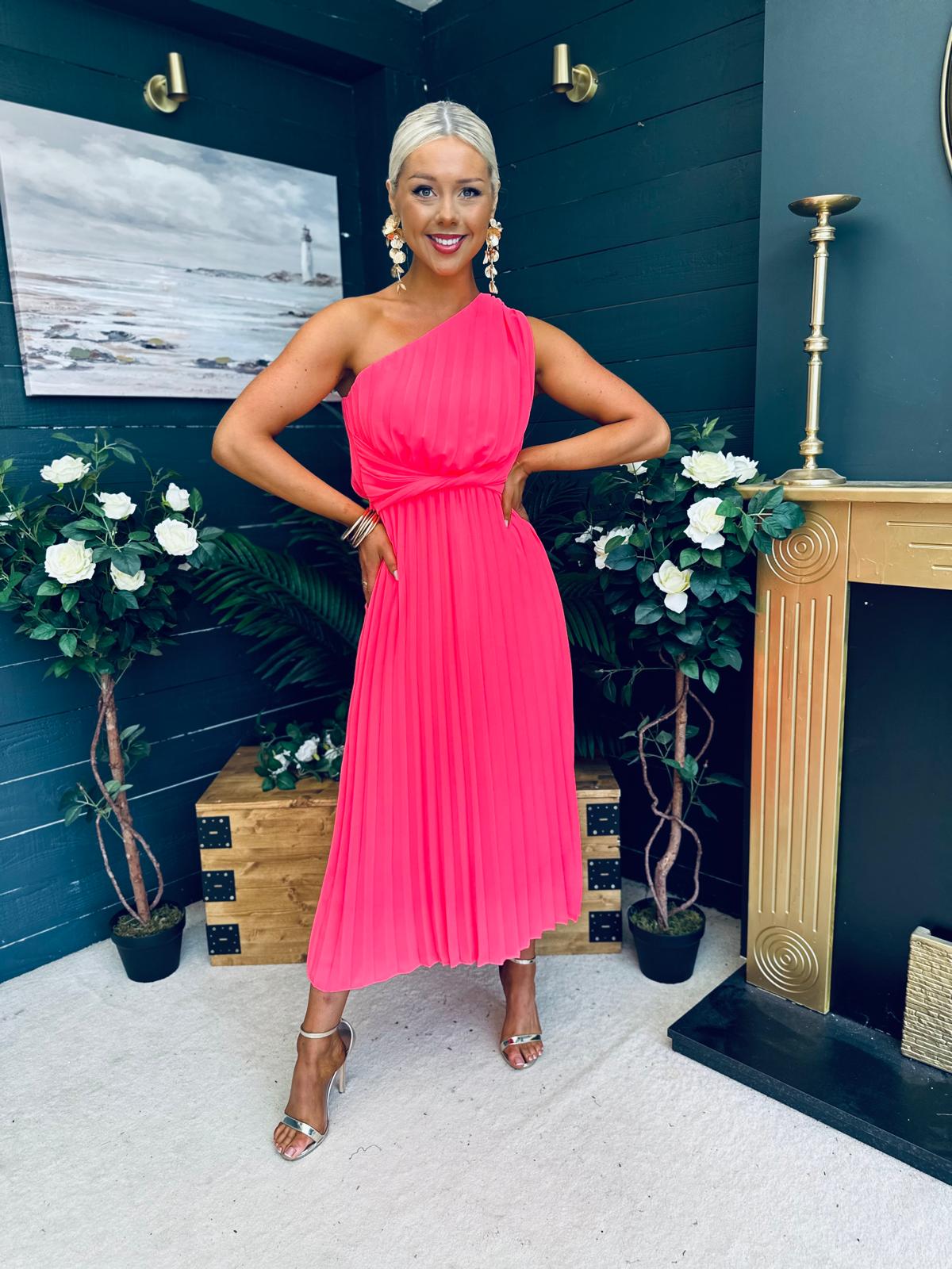 Robyn One Shoulder Midi Dress Neon Pink