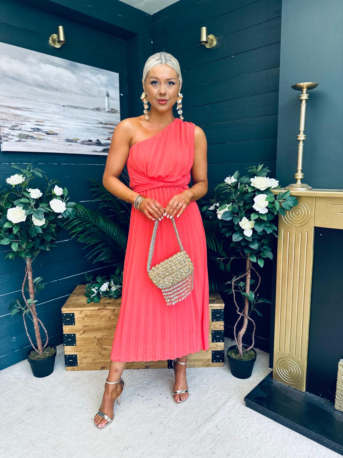 Robyn One Shoulder Midi Dress Coral