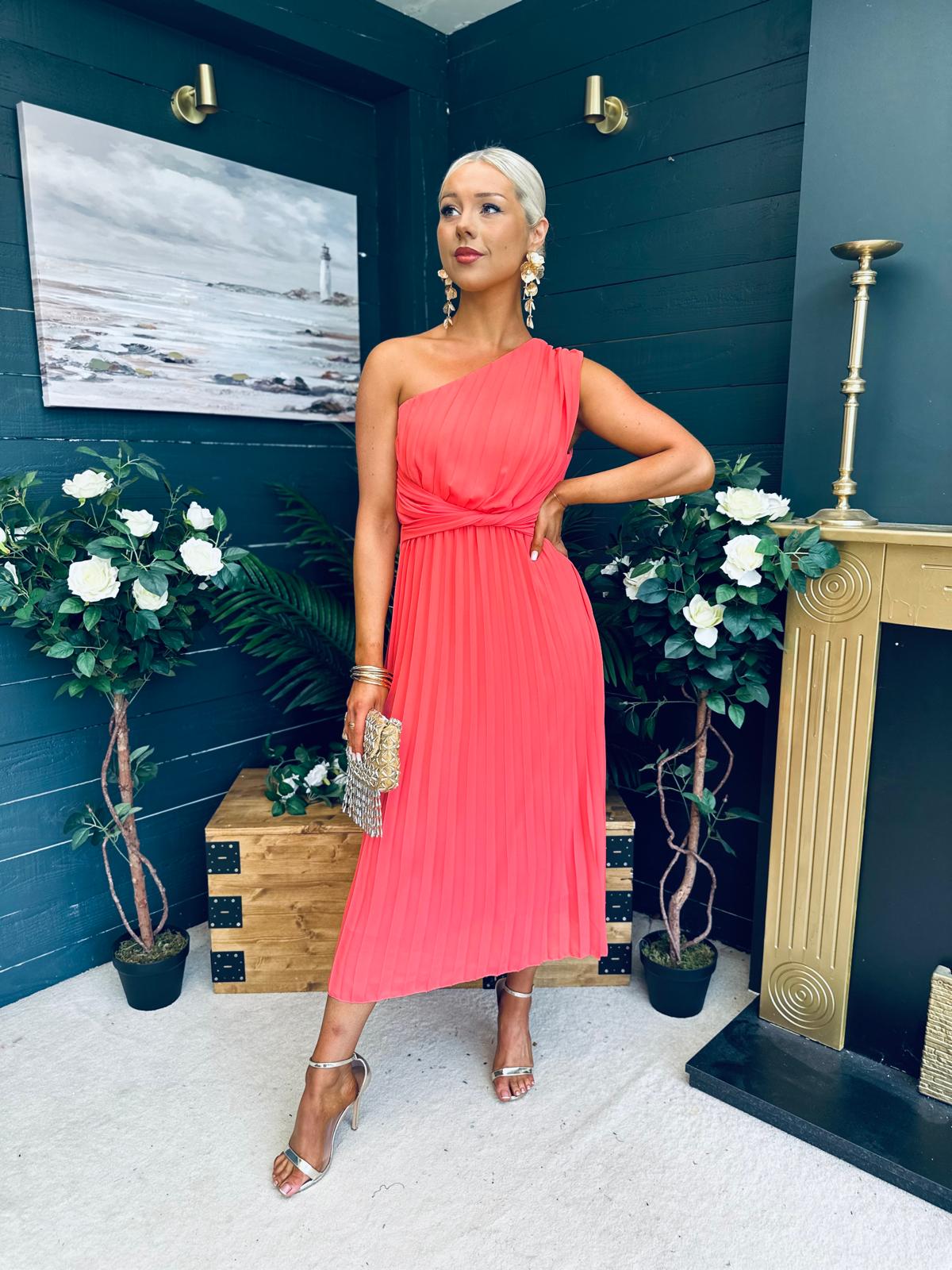 Robyn One Shoulder Midi Dress Coral