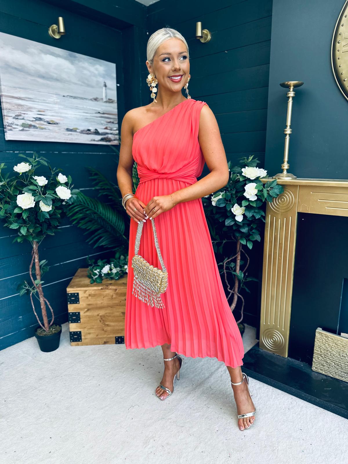 Robyn One Shoulder Midi Dress Coral