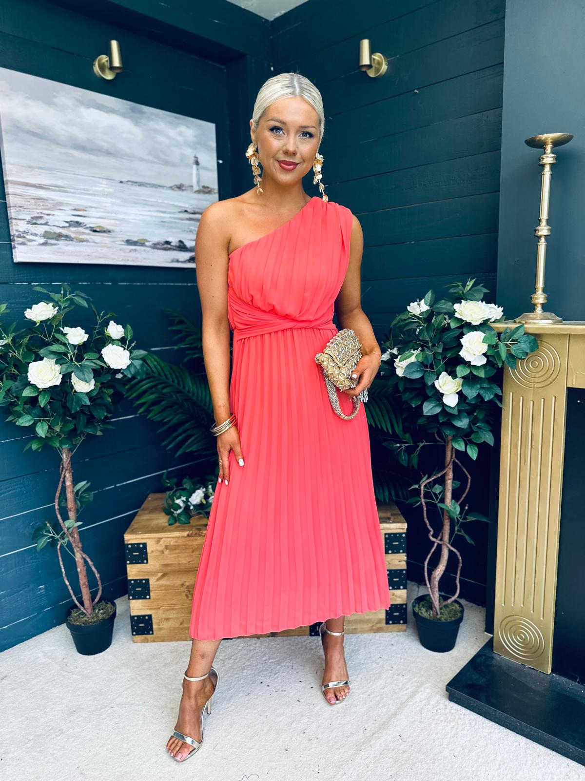 Robyn One Shoulder Midi Dress Coral