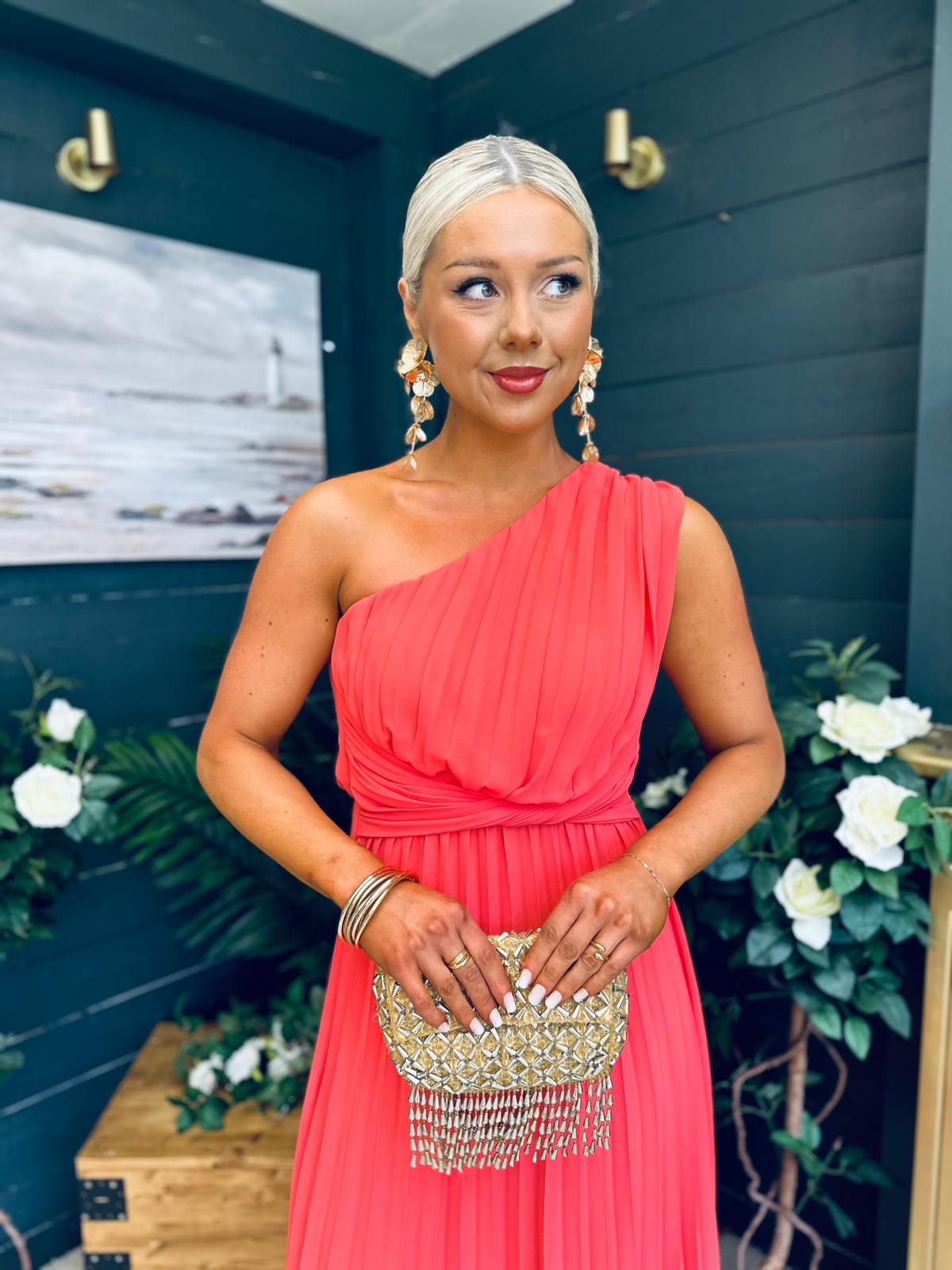 Robyn One Shoulder Midi Dress Coral