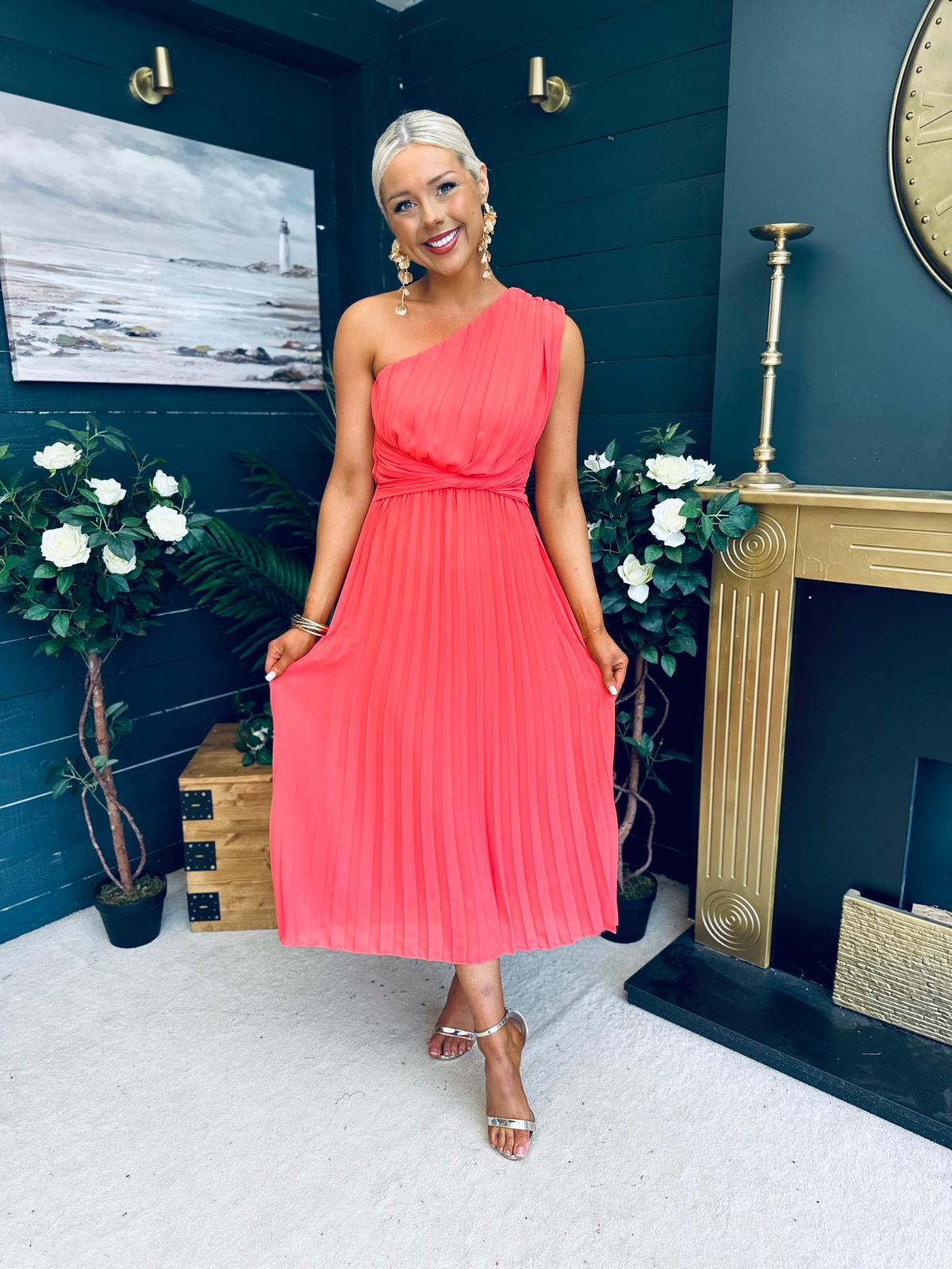 Robyn One Shoulder Midi Dress Coral