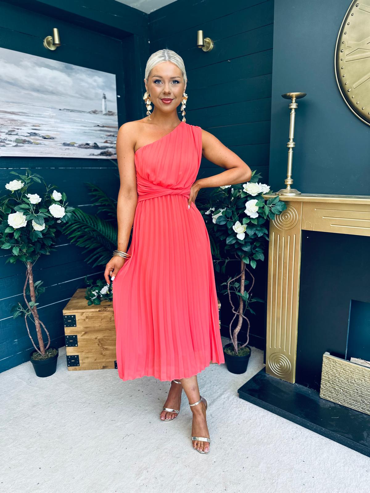Robyn One Shoulder Midi Dress Coral
