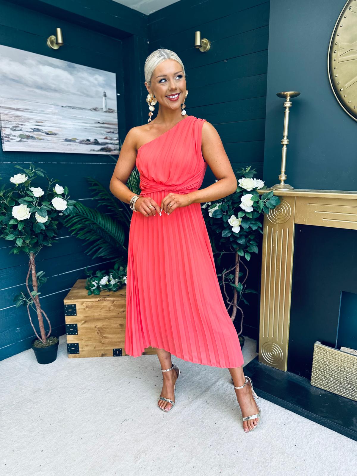 Robyn One Shoulder Midi Dress Coral