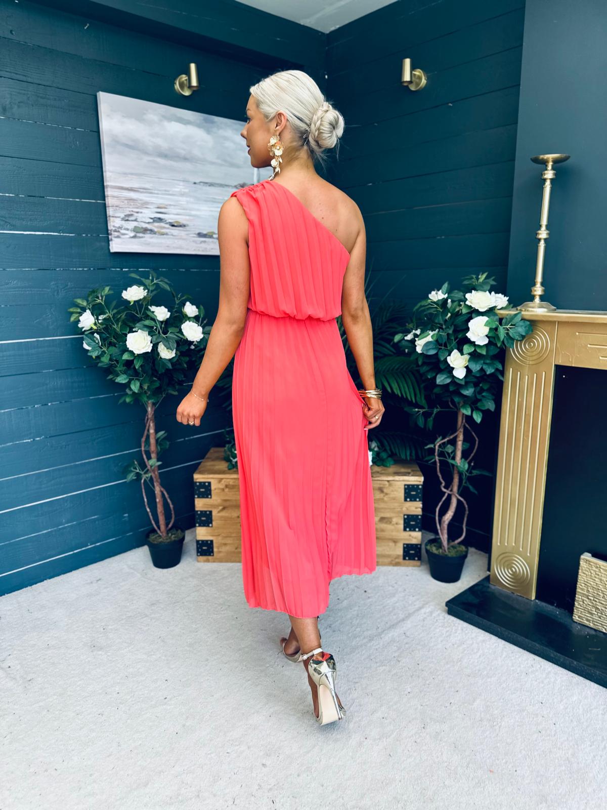 Robyn One Shoulder Midi Dress Coral