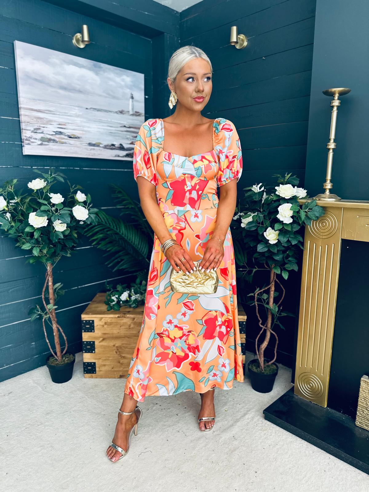 Katie Sweetheart Midi Dress Peach