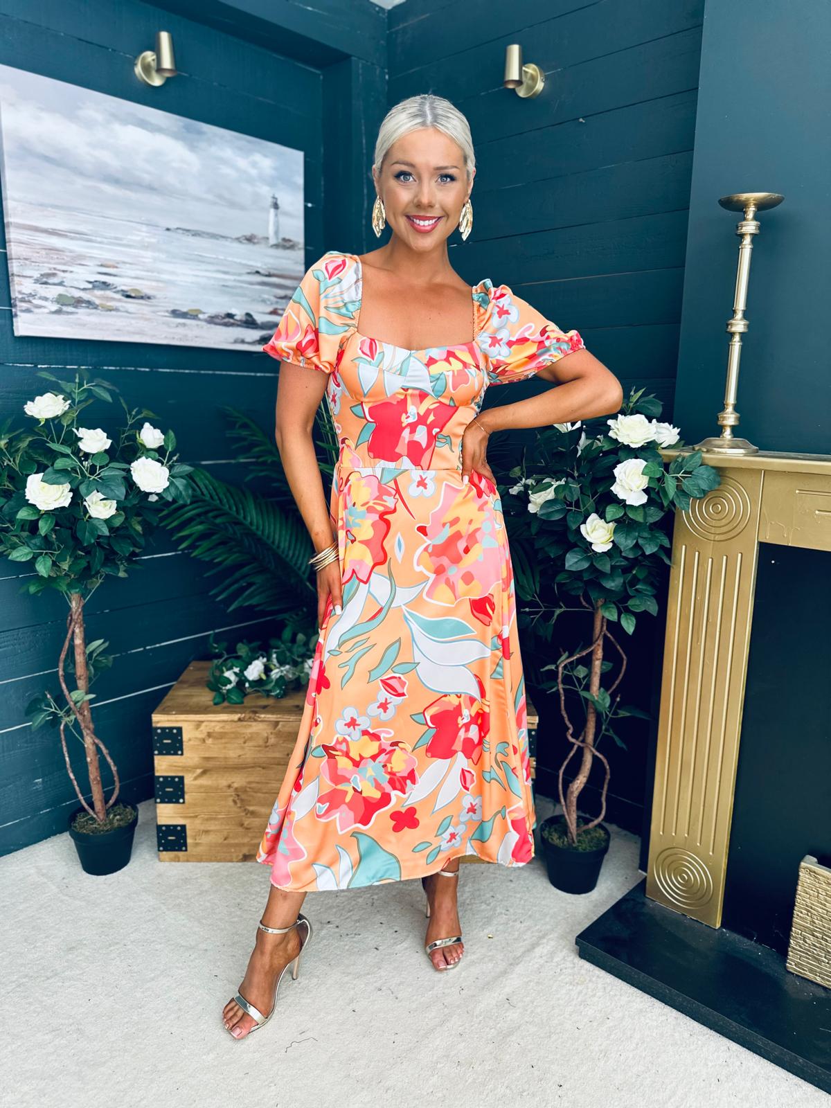 Katie Sweetheart Midi Dress Peach