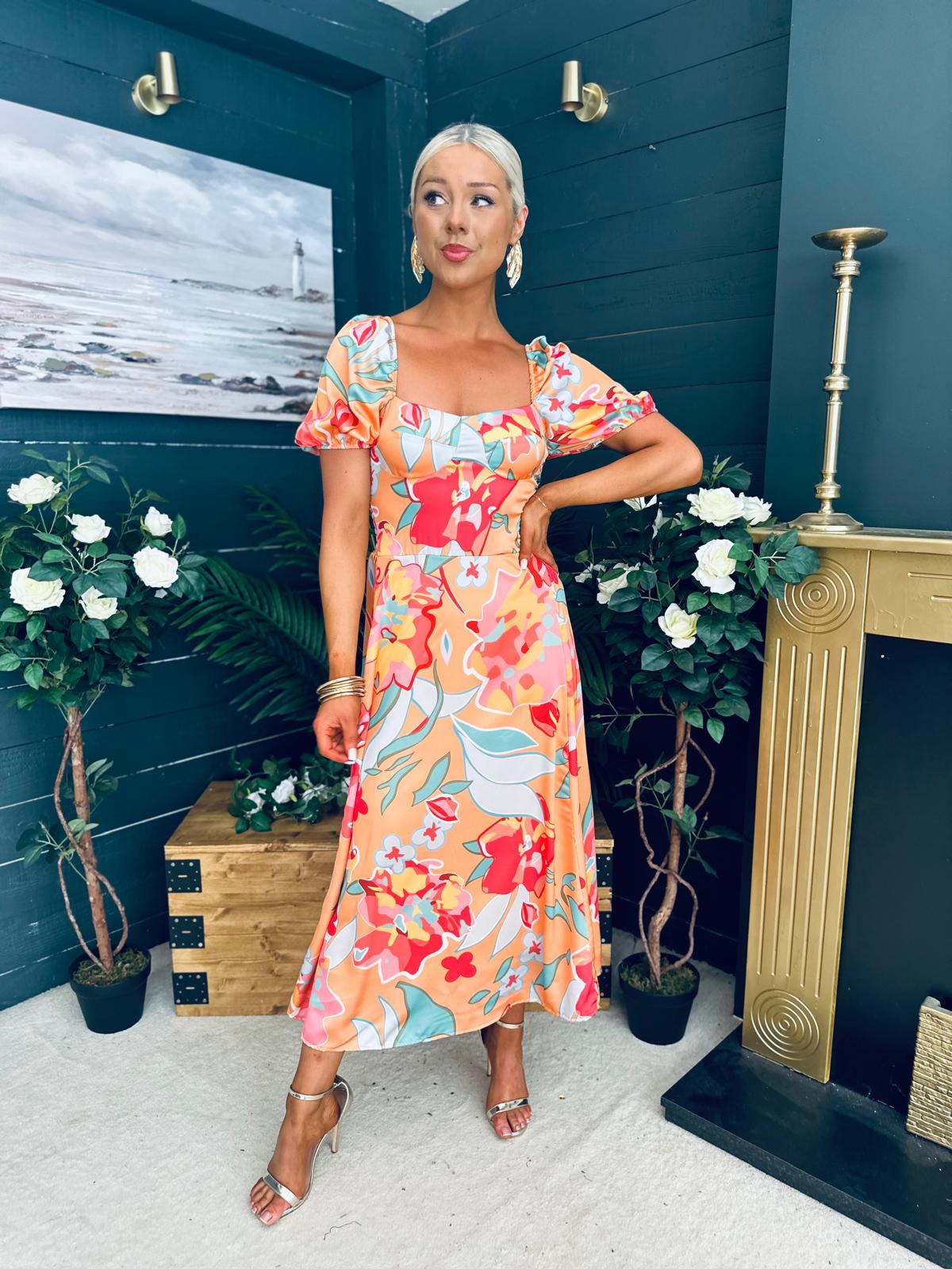 Katie Sweetheart Midi Dress Peach