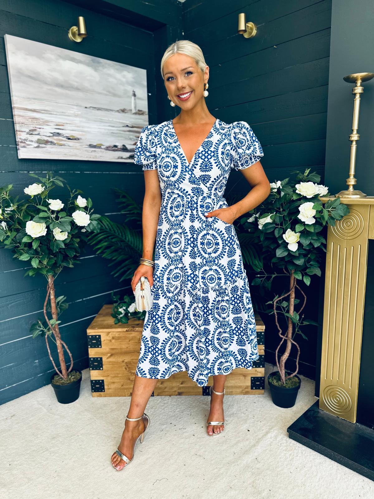 Maya Wrap Tiered Midi Dress Embroidery Print Blue